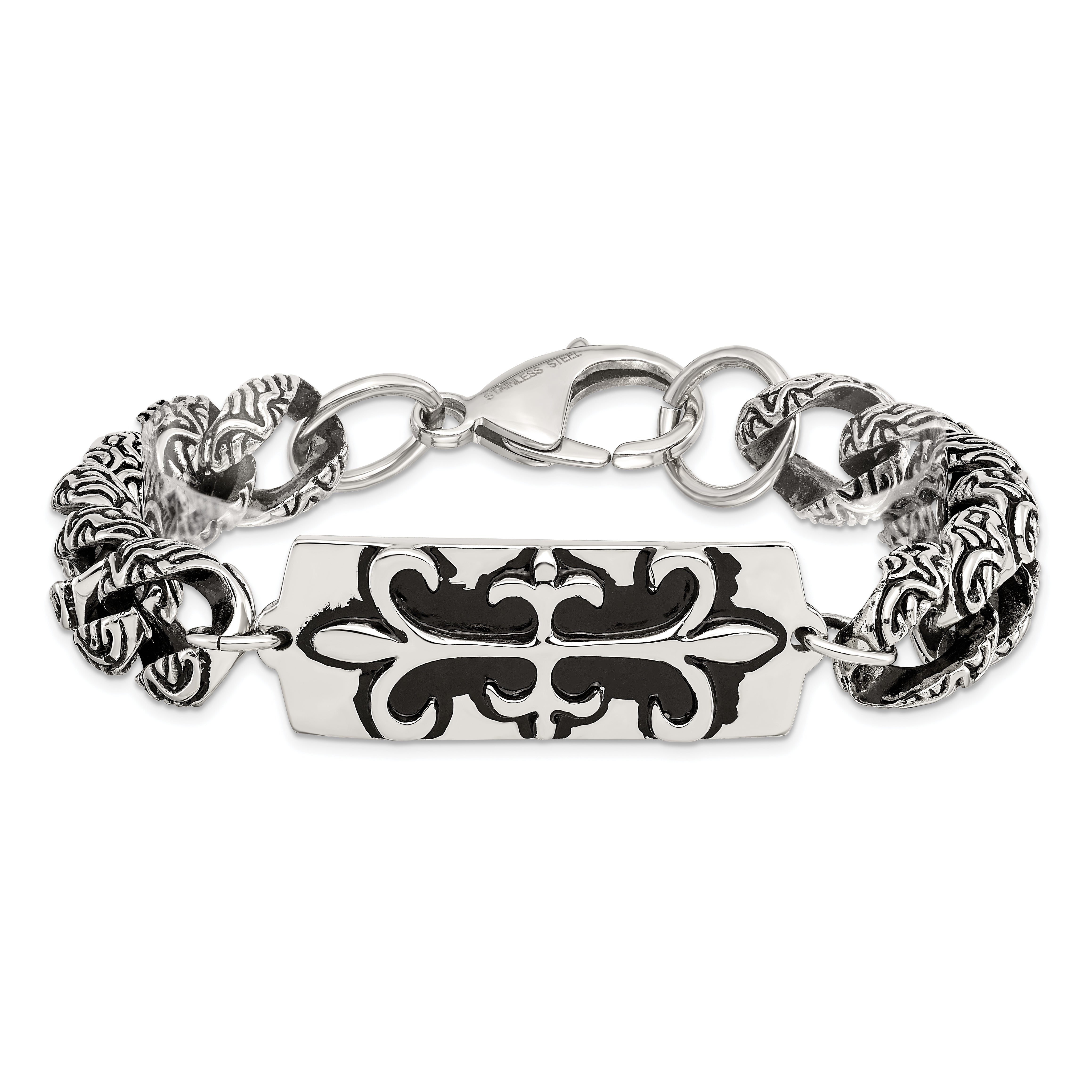 Stainless Steel Antiqued and Polished Fleur de Lis 9in Bracelet