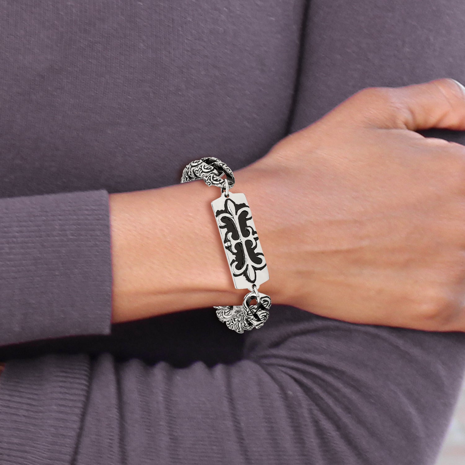 Stainless Steel Antiqued and Polished Fleur de Lis 9in Bracelet