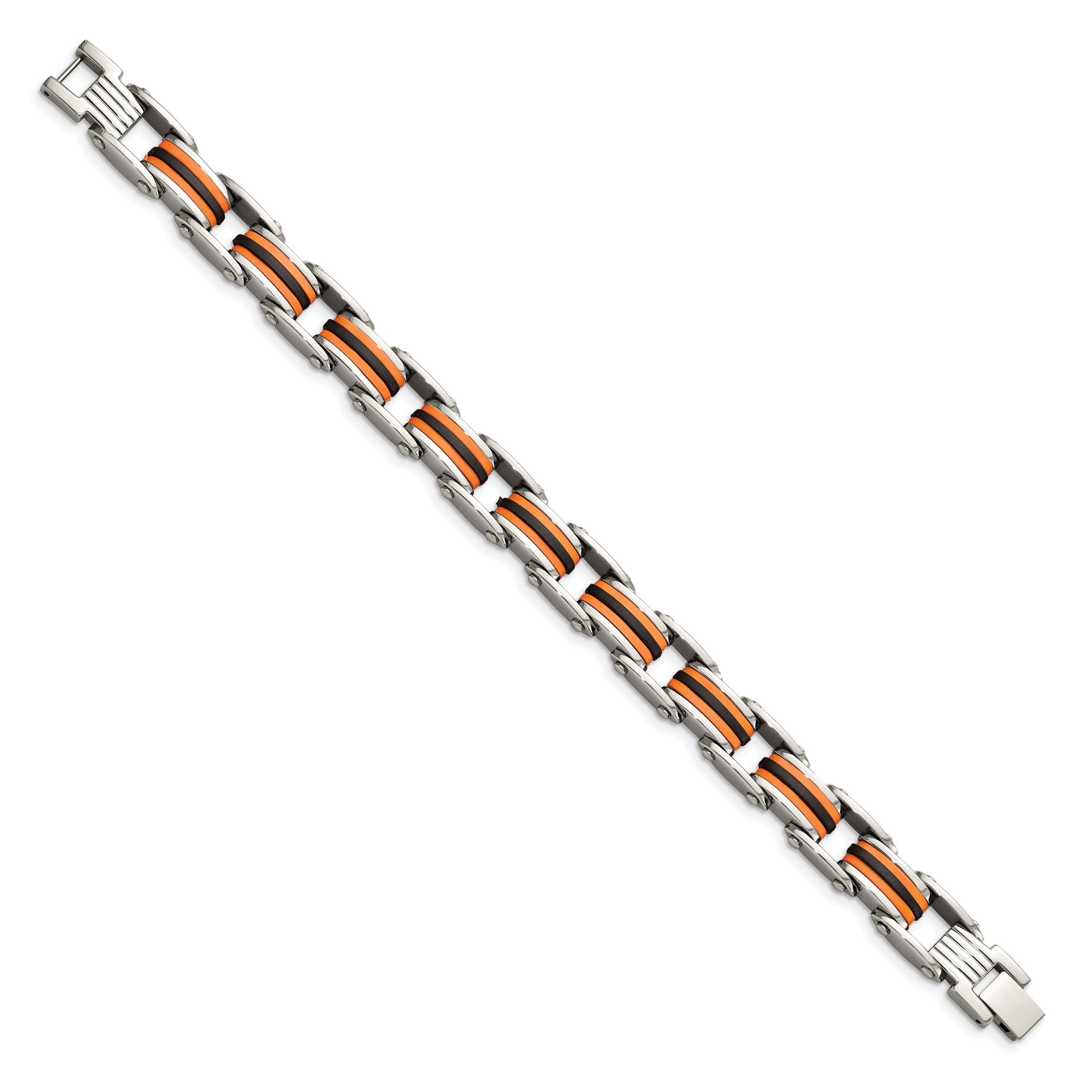 Chisel Stainless Steel Polished with Black and Orange Polyurethane 8.75 inch Link Bracelet