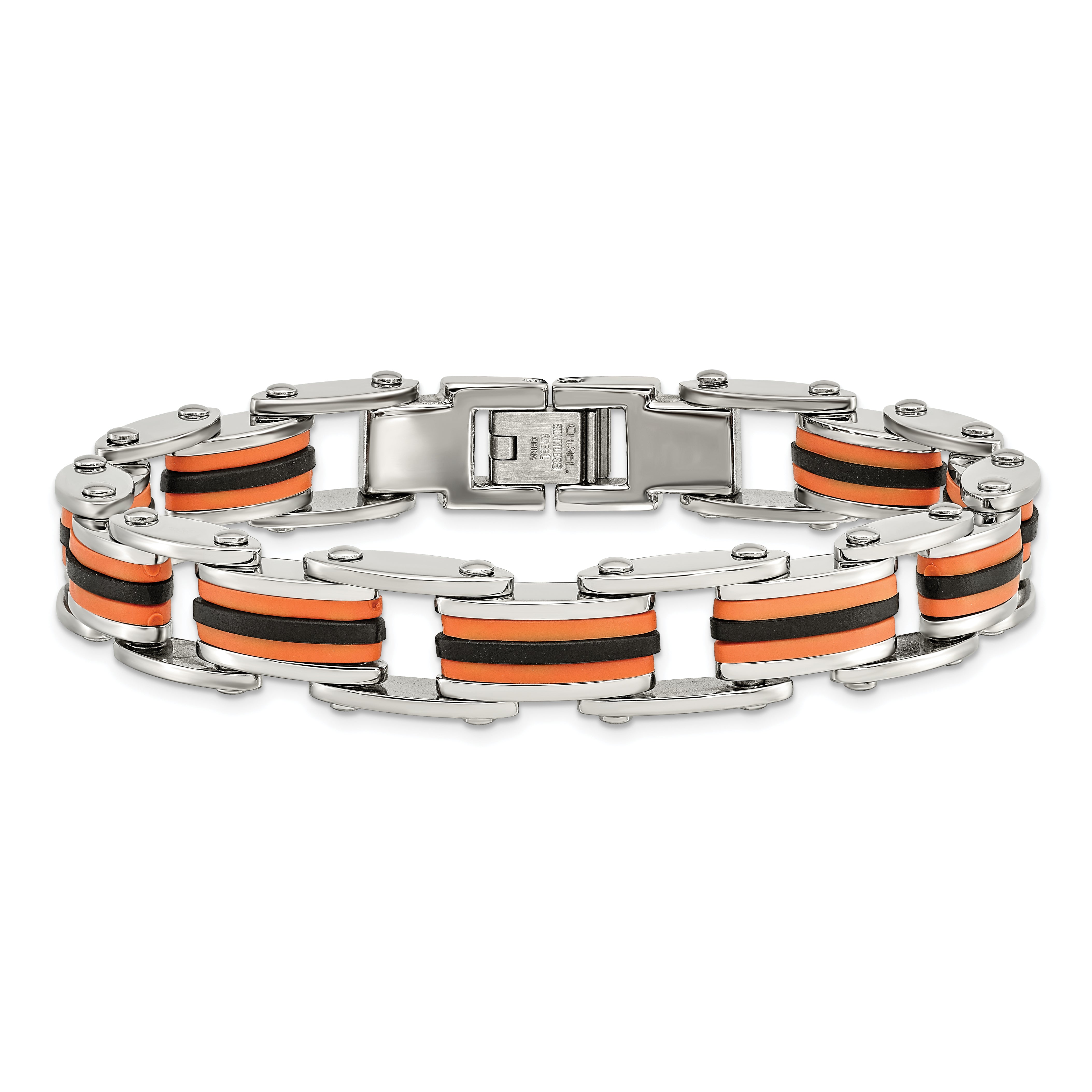 Chisel Stainless Steel Polished with Black and Orange Polyurethane 8.75 inch Link Bracelet