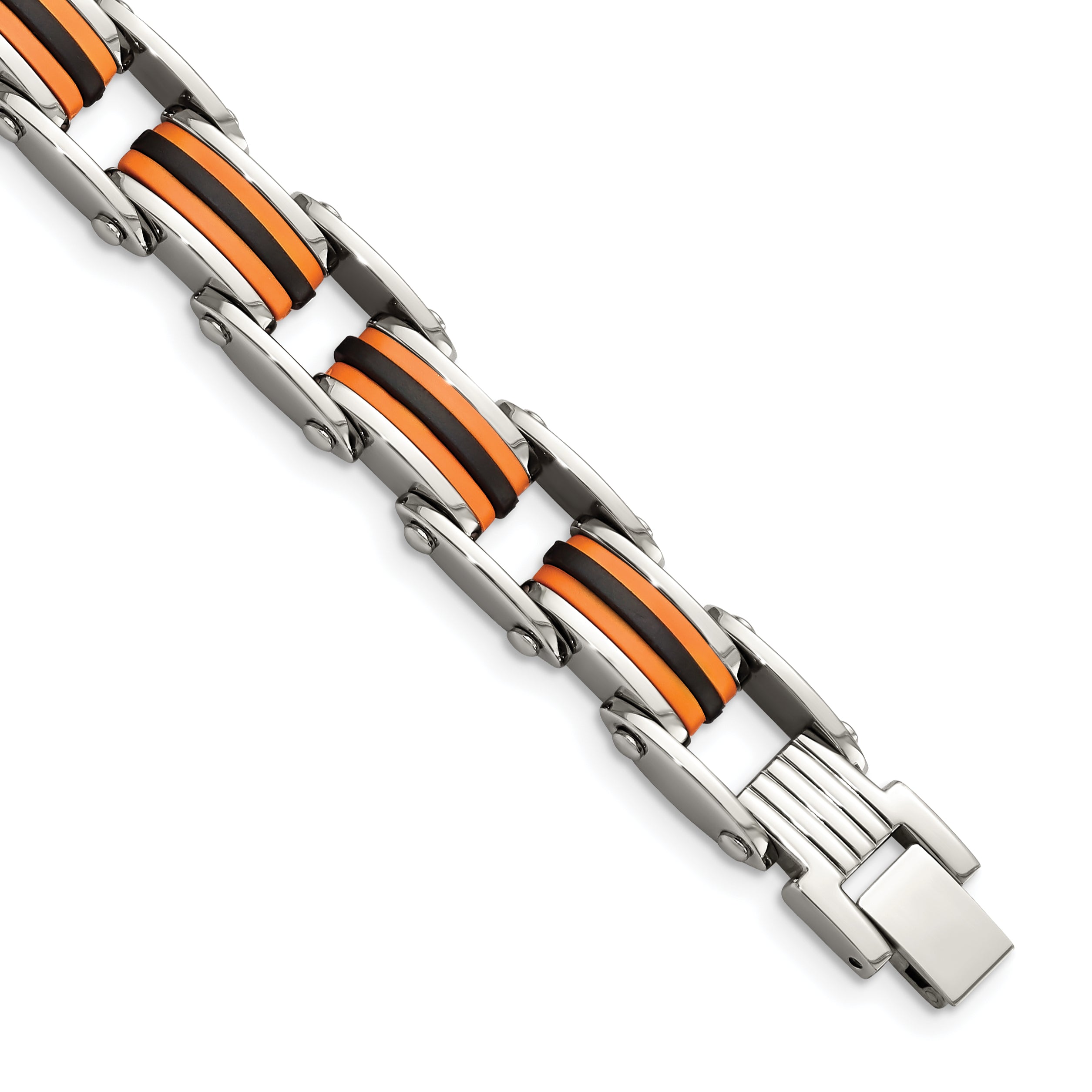 Chisel Stainless Steel Polished with Black and Orange Polyurethane 8.75 inch Link Bracelet