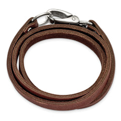 Chisel Stainless Steel Polished Dark Brown Leather 25 inch Wrap Bracelet