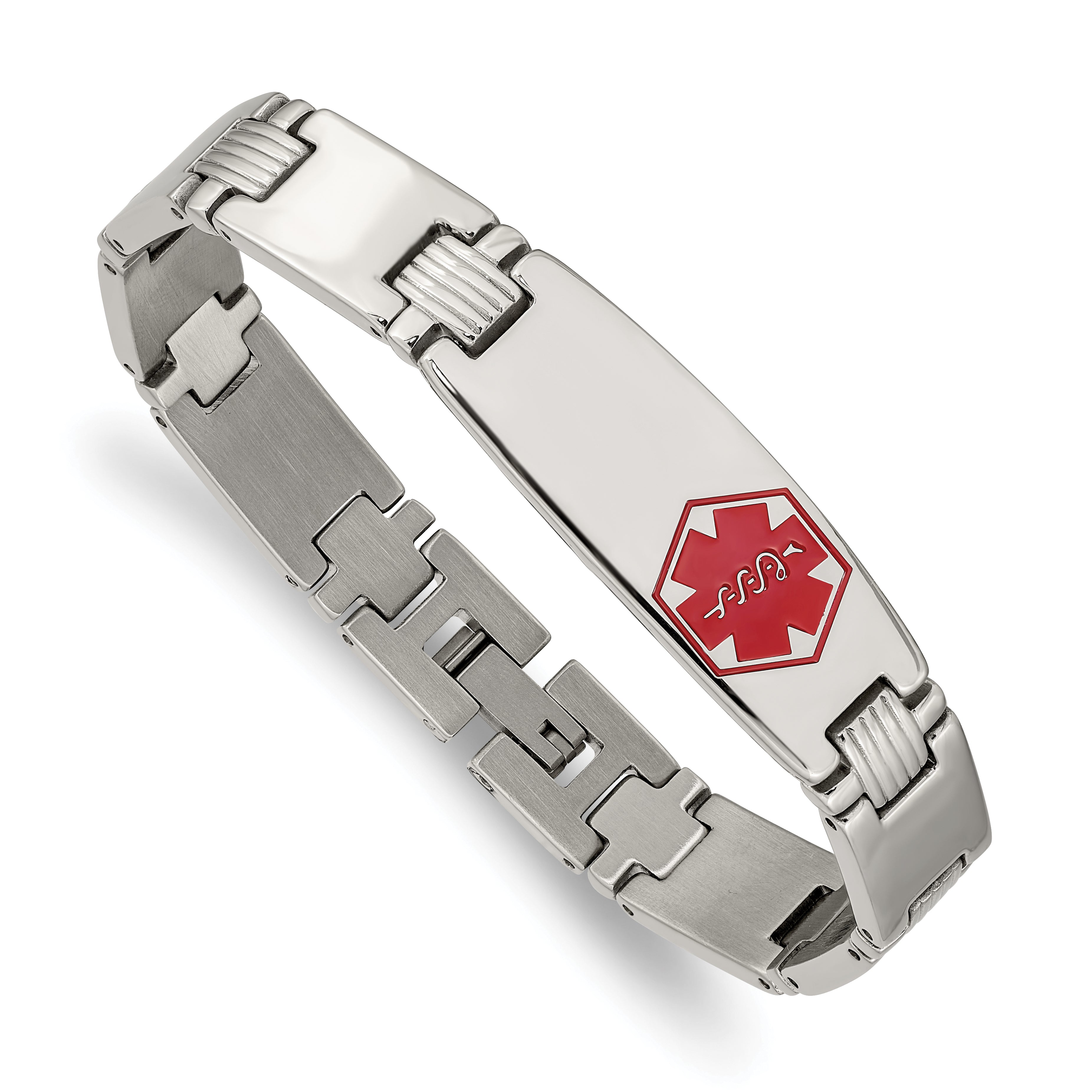 Chisel Stainless Steel Brushed and Polished with Red Enamel Medical ID 8.25 inch Link Bracelet