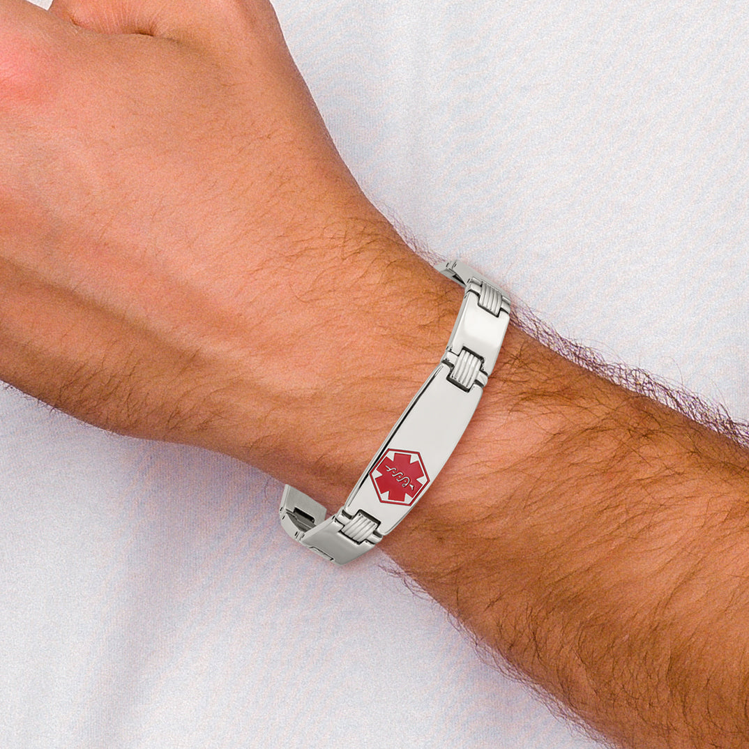 Chisel Stainless Steel Brushed and Polished with Red Enamel Medical ID 8.25 inch Link Bracelet