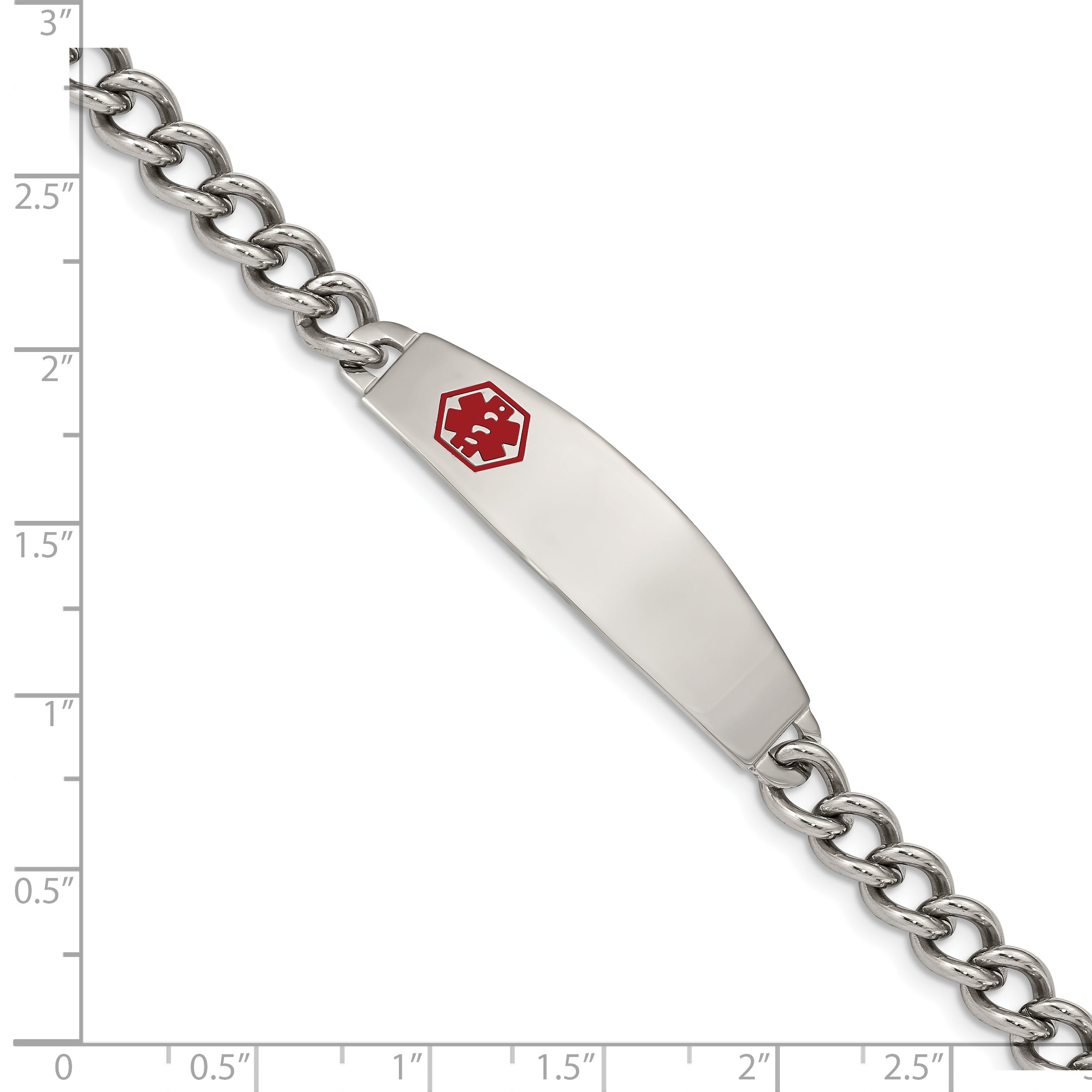 Chisel Stainless Steel Polished with Red Enamel Medical ID 8.5 inch Curb Chain Bracelet