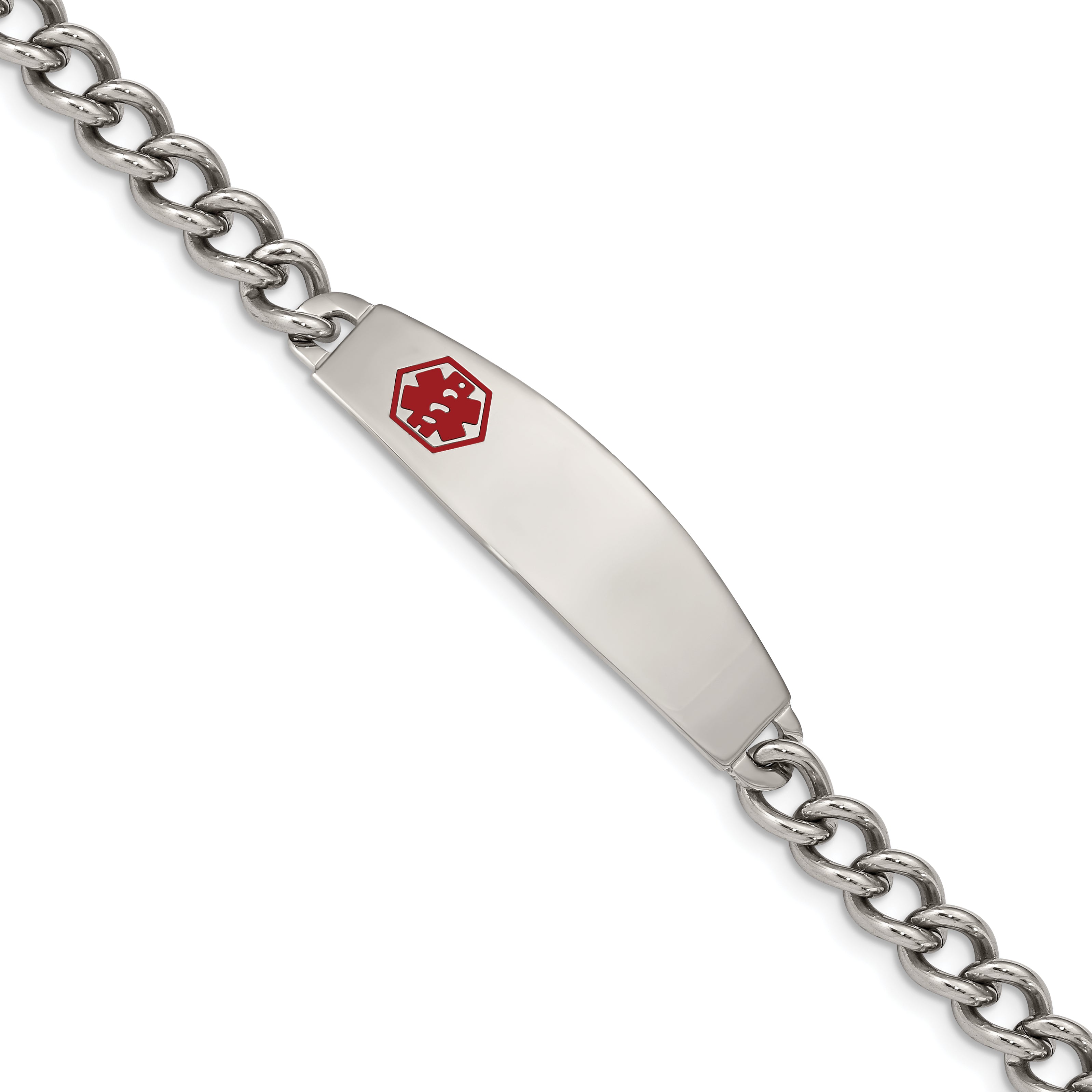 Chisel Stainless Steel Polished with Red Enamel Medical ID 8.5 inch Curb Chain Bracelet