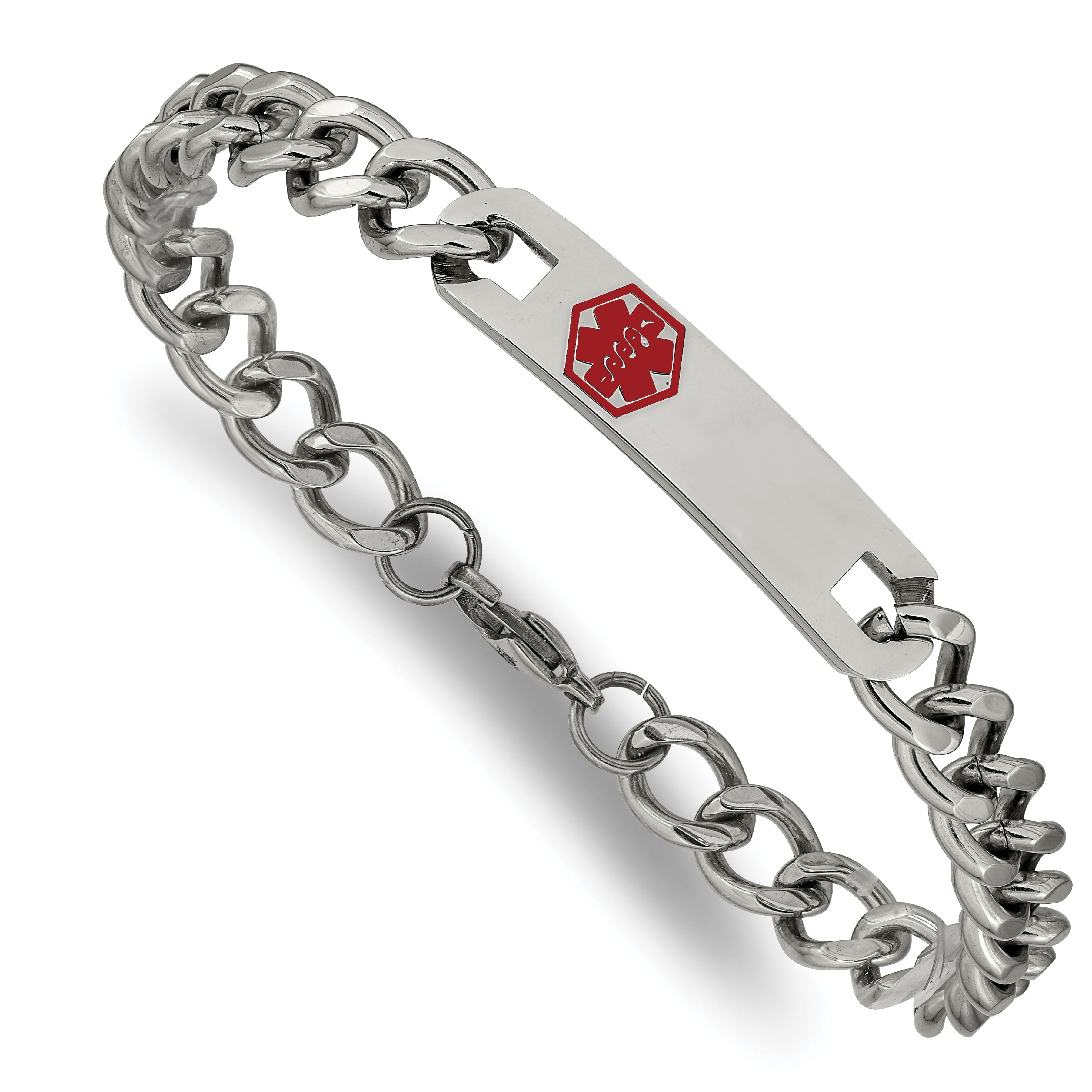 Chisel Stainless Steel Polished with Red Enamel Medical ID 9.5 inch Curb Chain Bracelet