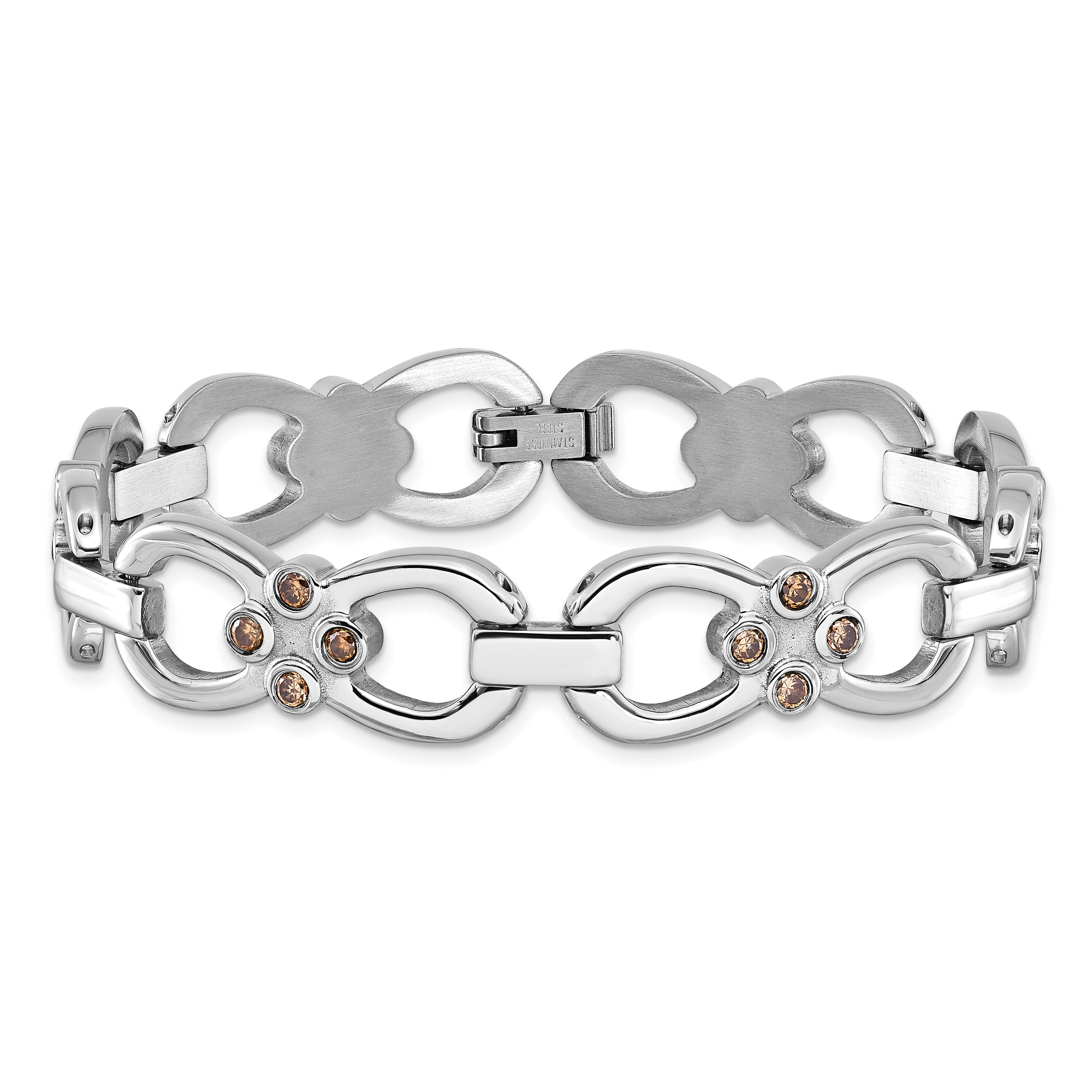 Stainless Steel Polished w/ Brown CZ Fancy Link Bracelet