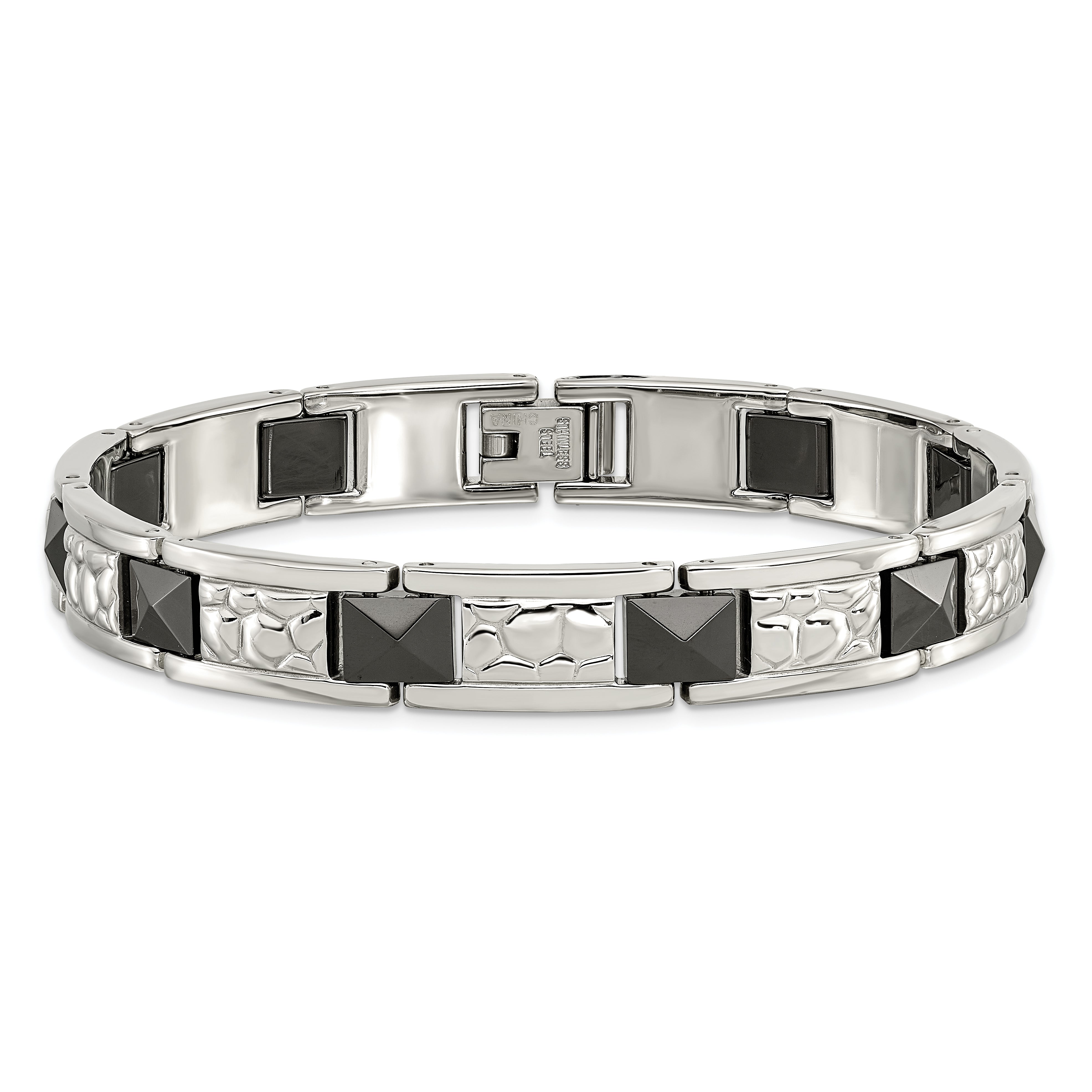 Chisel Stainless Steel Polished and Textured Black IP-plated 8.5 inch Link Bracelet