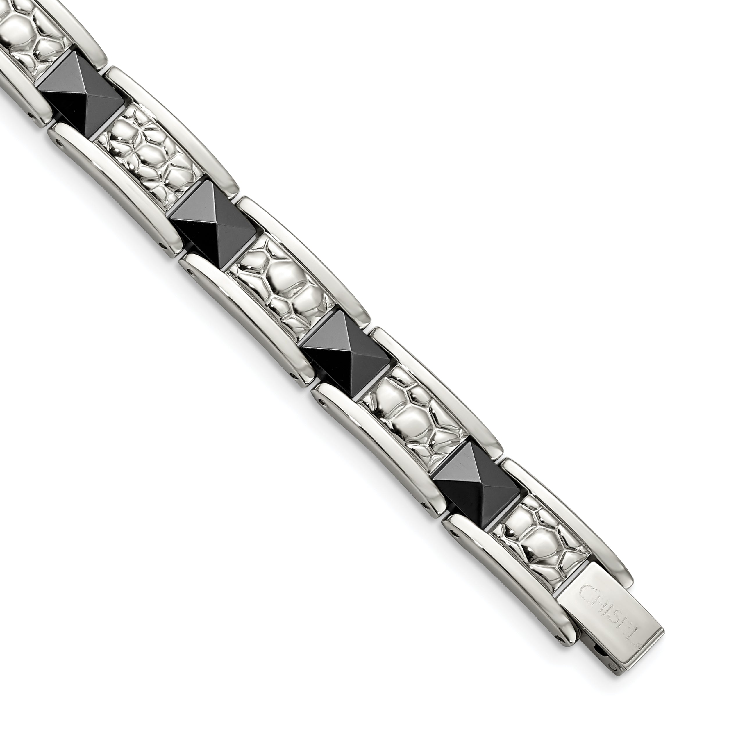 Chisel Stainless Steel Polished and Textured Black IP-plated 8.5 inch Link Bracelet