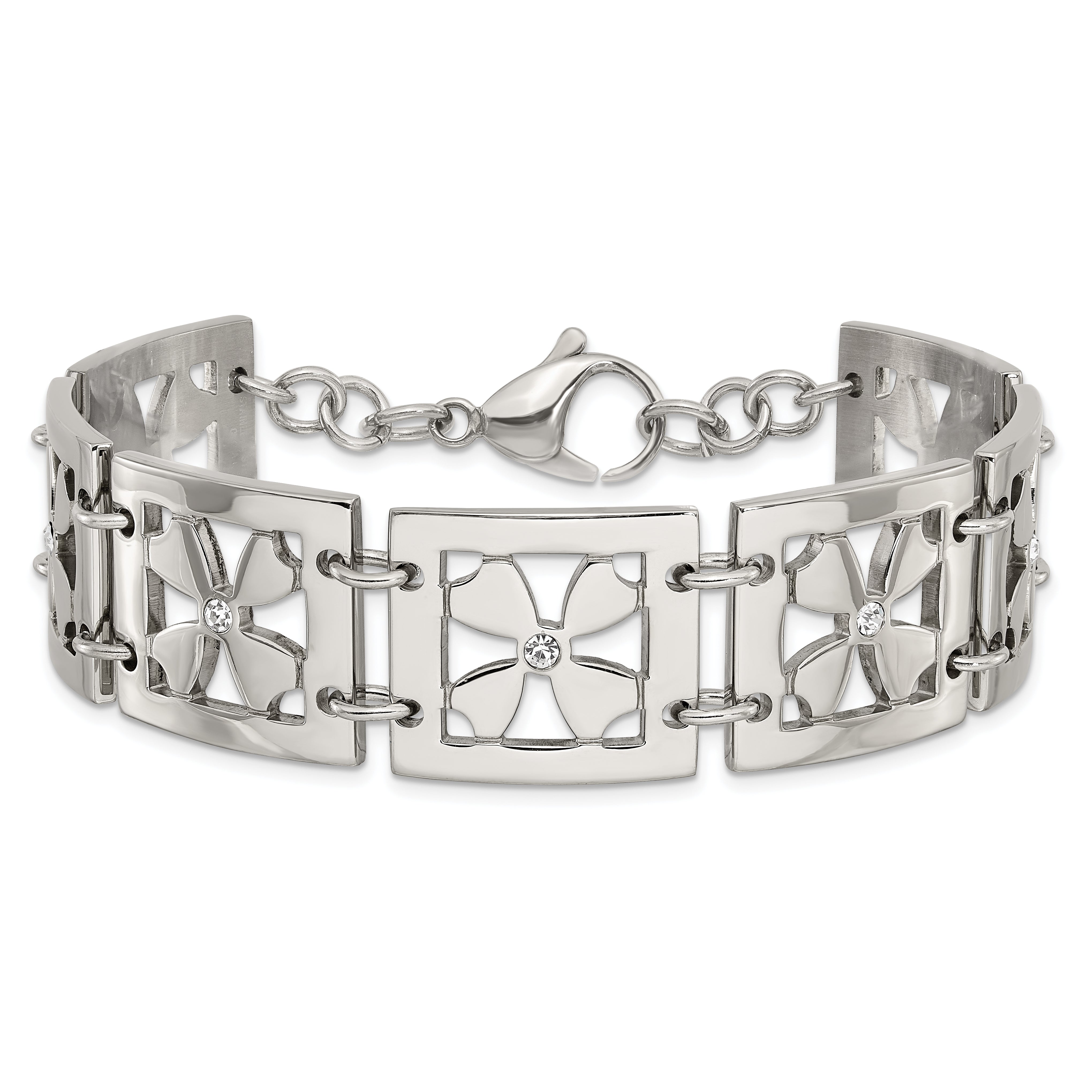 Stainless Steel Polished CZ Floral Square 8 inch Bracelet