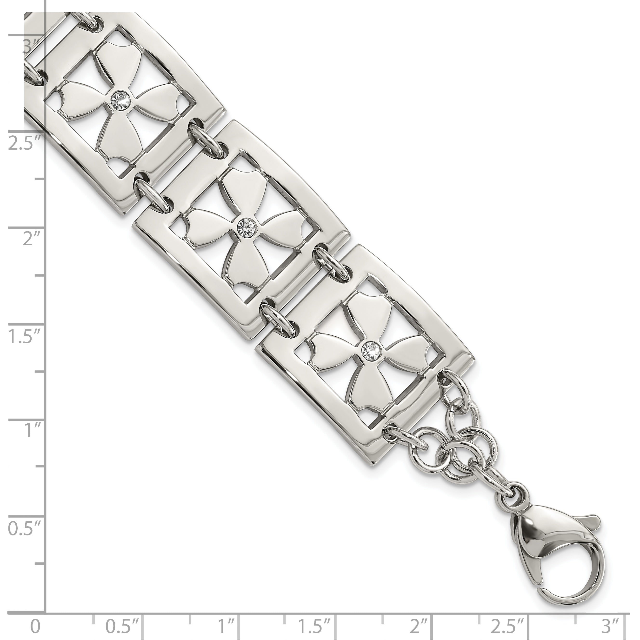 Stainless Steel Polished CZ Floral Square 8 inch Bracelet