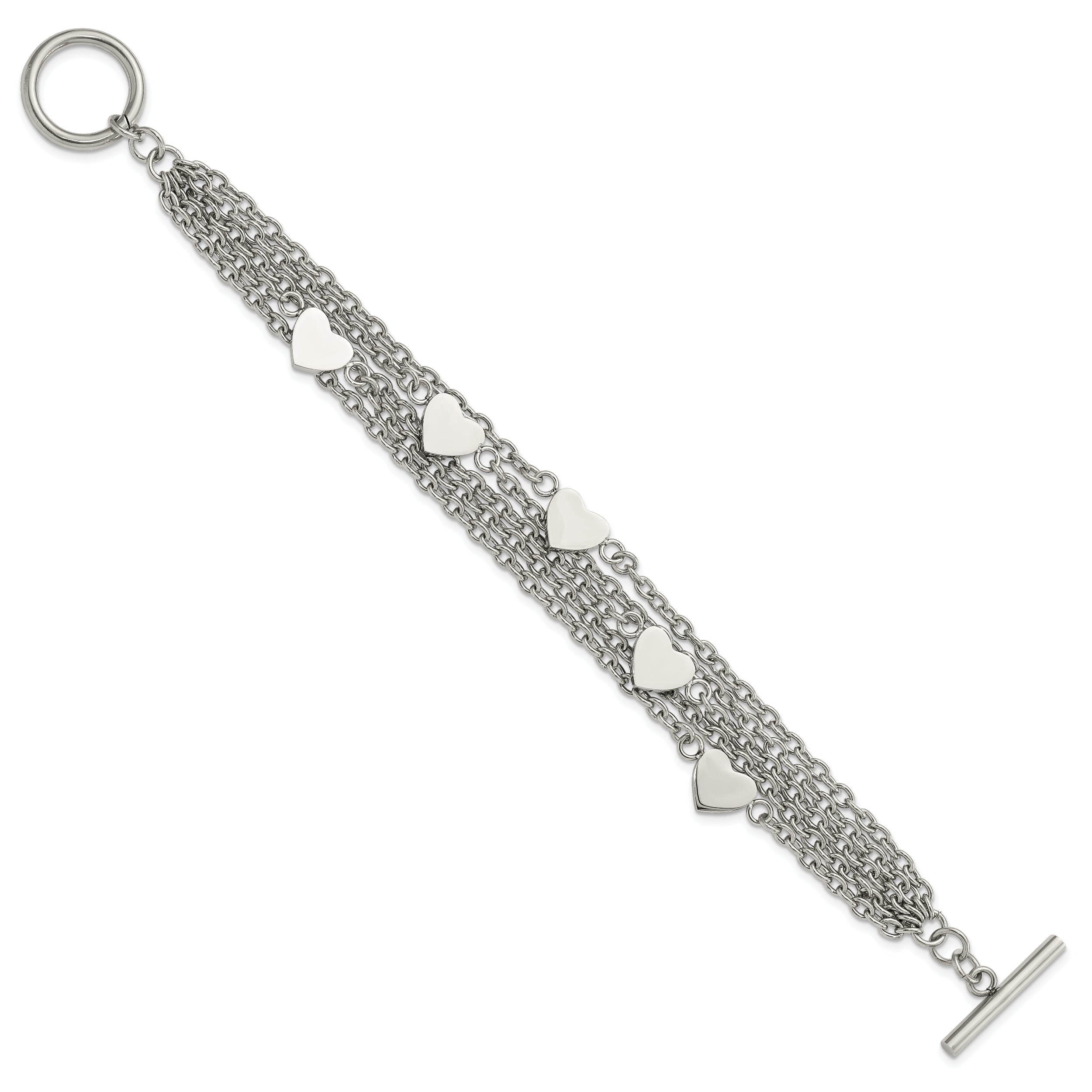 Stainless Steel Polished Multistrand Hearts Chain Toggle Bracelet