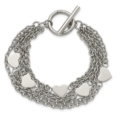 Stainless Steel Polished Multistrand Hearts Chain Toggle Bracelet