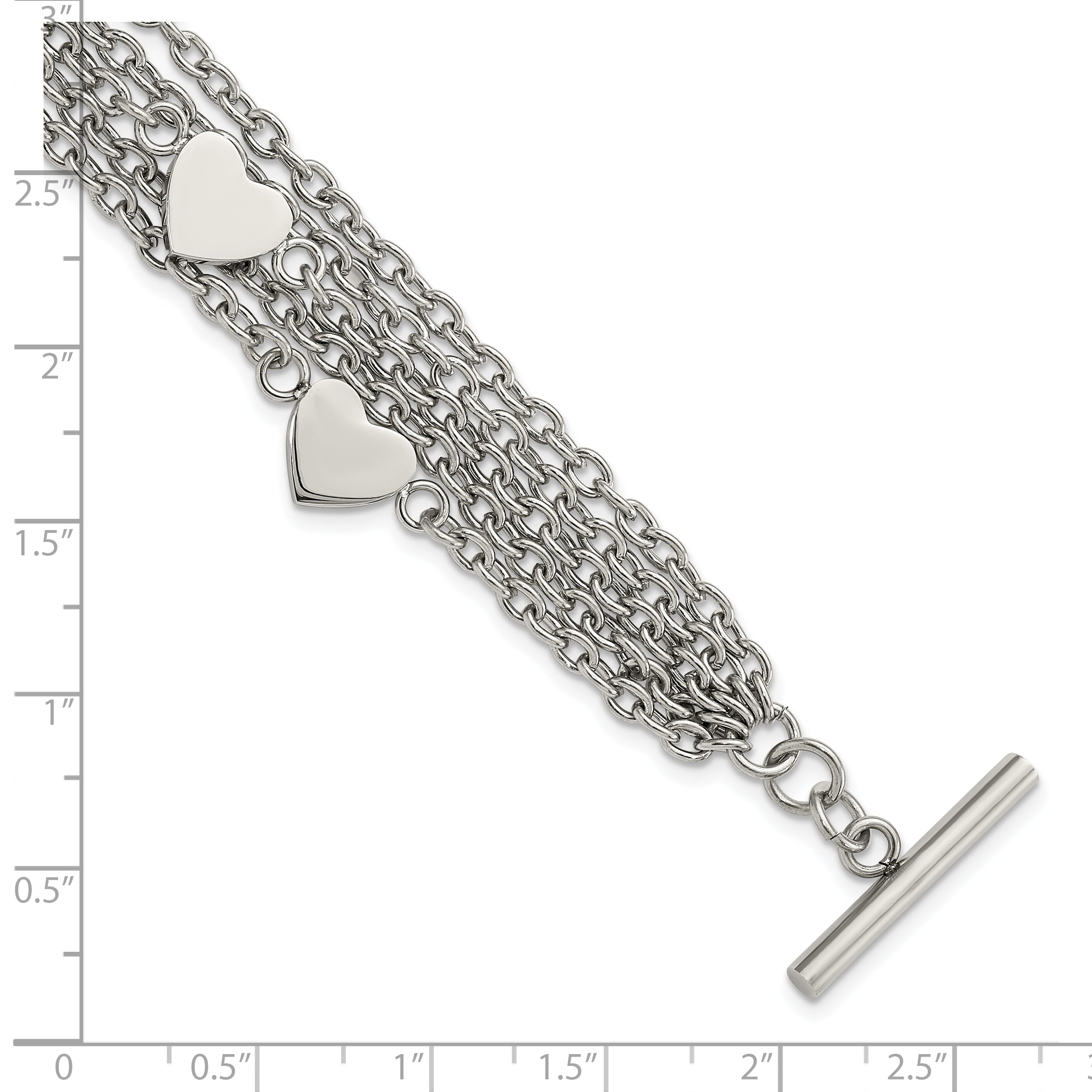 Stainless Steel Polished Multistrand Hearts Chain Toggle Bracelet