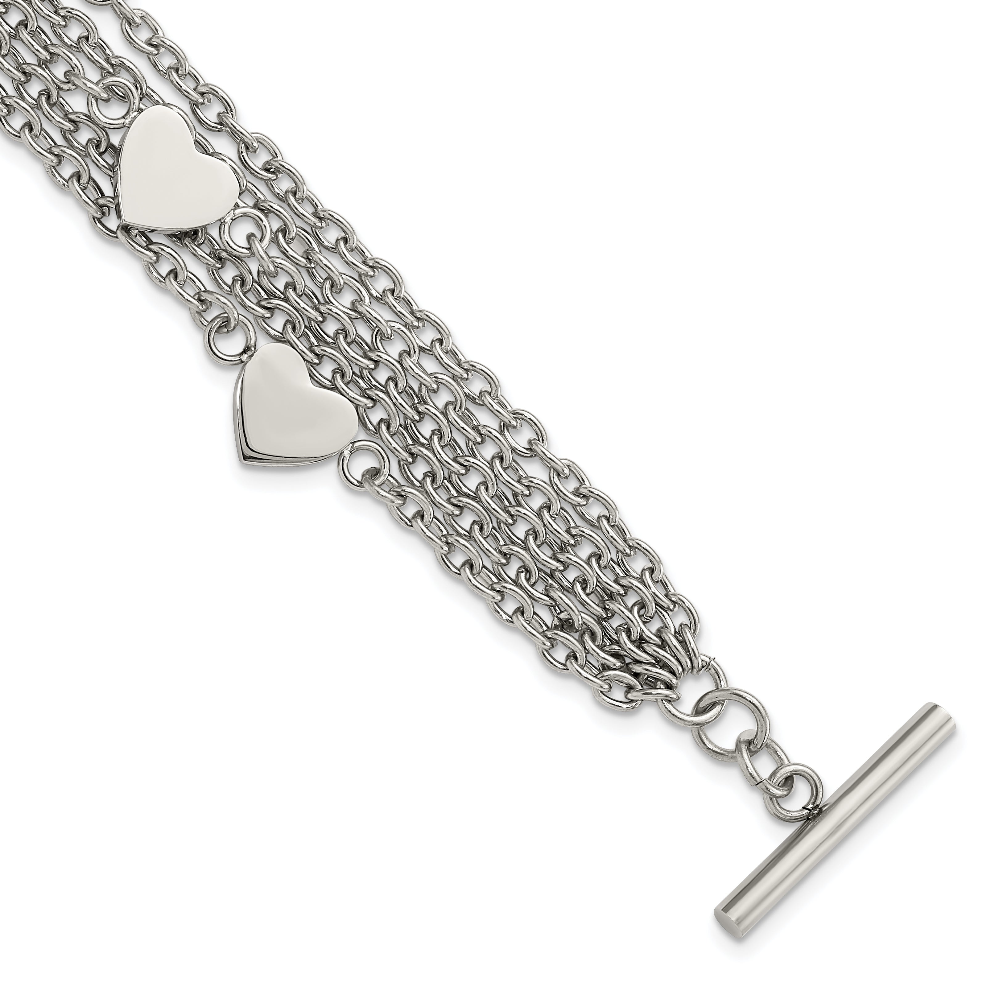 Stainless Steel Polished Multistrand Hearts Chain Toggle Bracelet