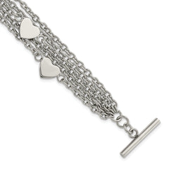 Stainless Steel Polished Multistrand Hearts Chain Toggle Bracelet