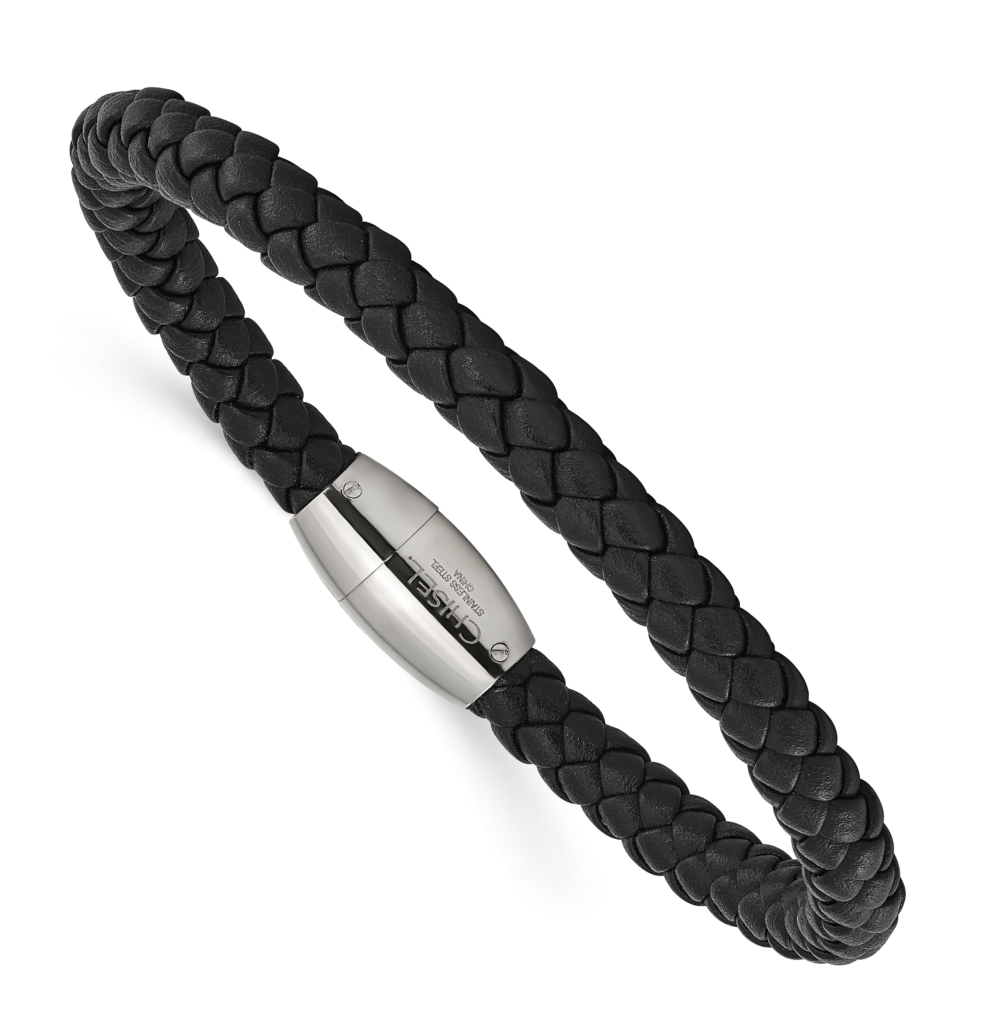 Chisel Stainless Steel Polished Black Braided Leather 8.5 inch Bracelet