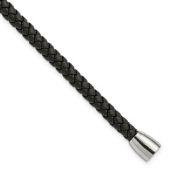 Chisel Stainless Steel Polished Black Braided Leather 8.5 inch Bracelet