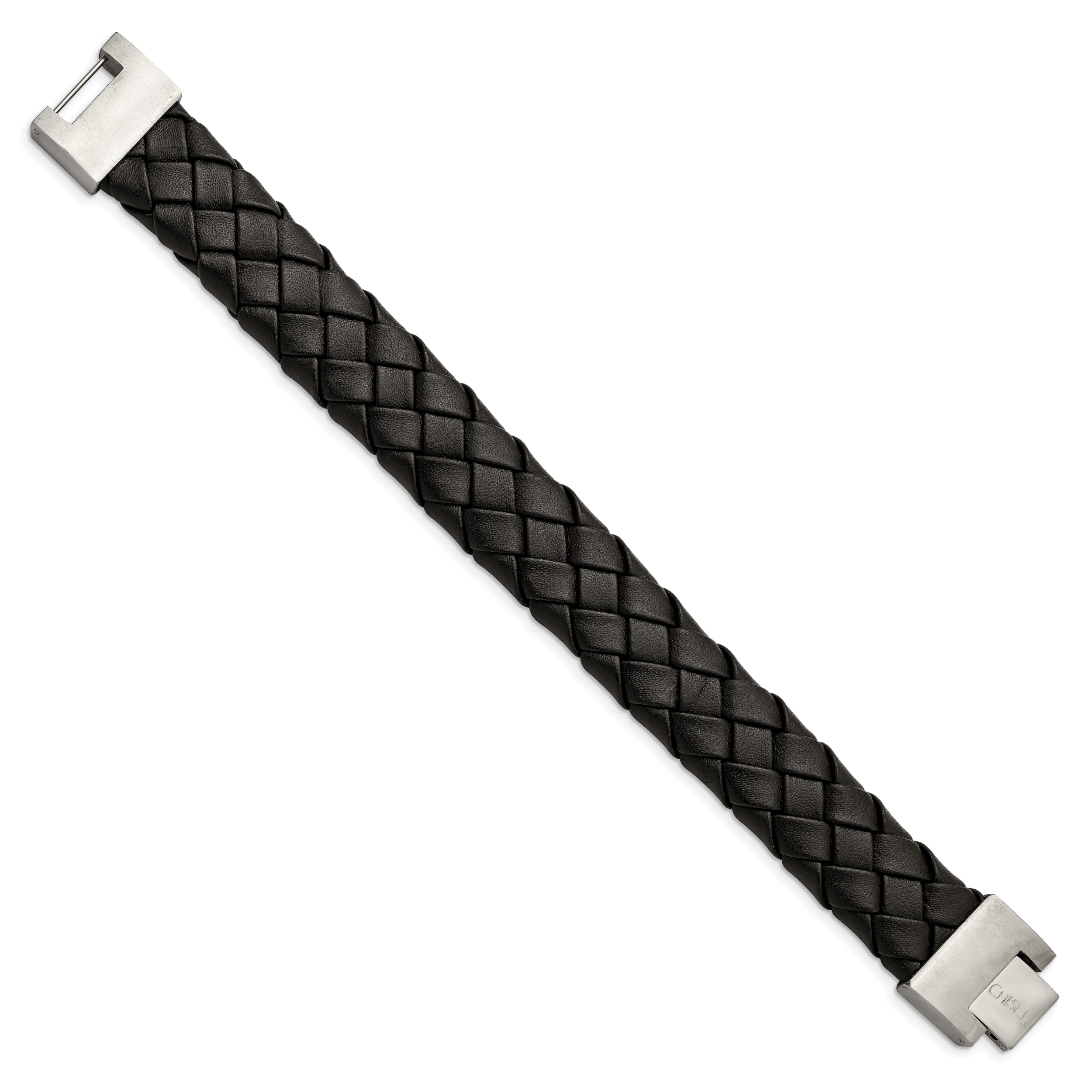 Chisel Stainless Steel Brushed Black Leather 8.5 inch Bracelet