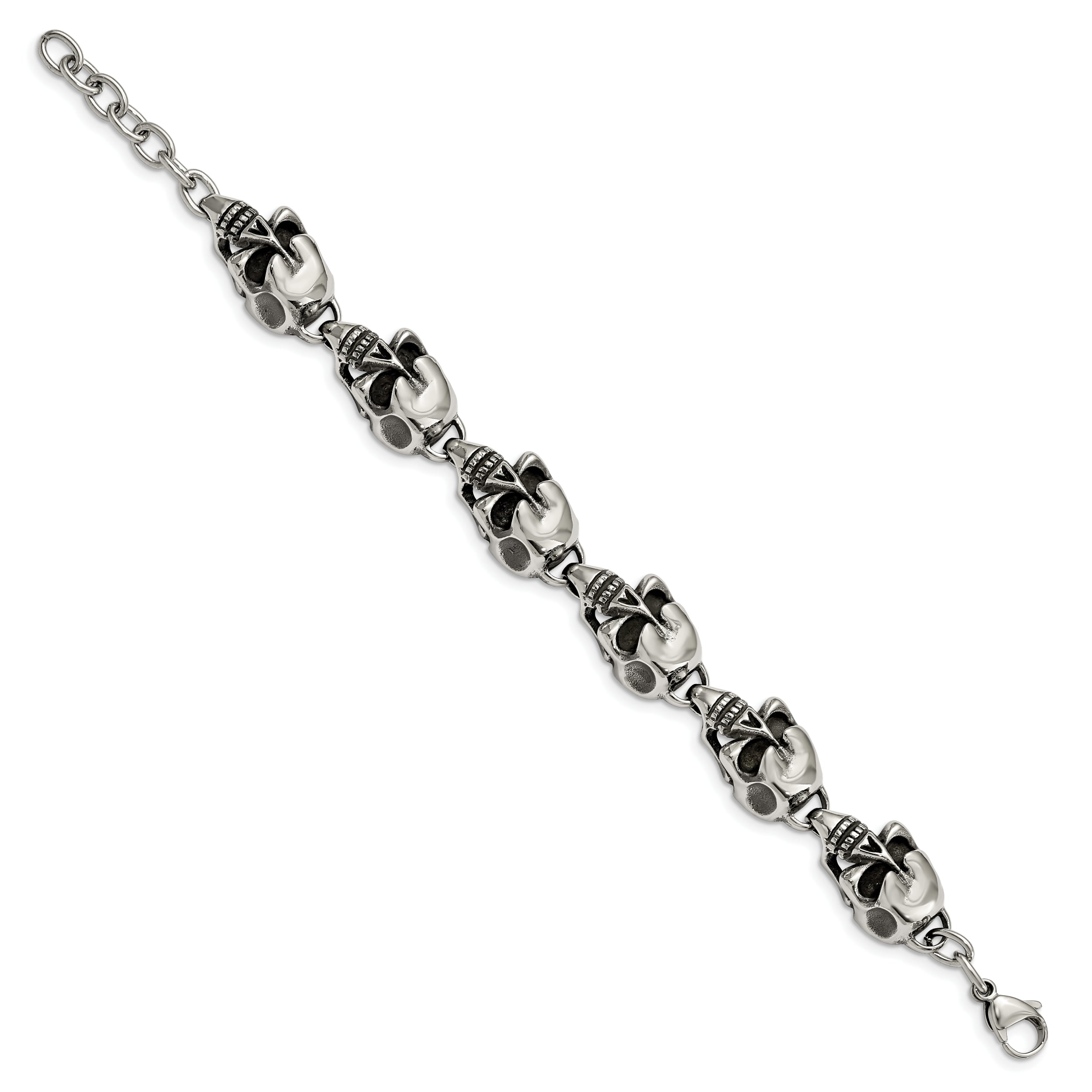 Chisel Stainless Steel Antiqued and Polished Skull Link 8.5 inch Bracelet