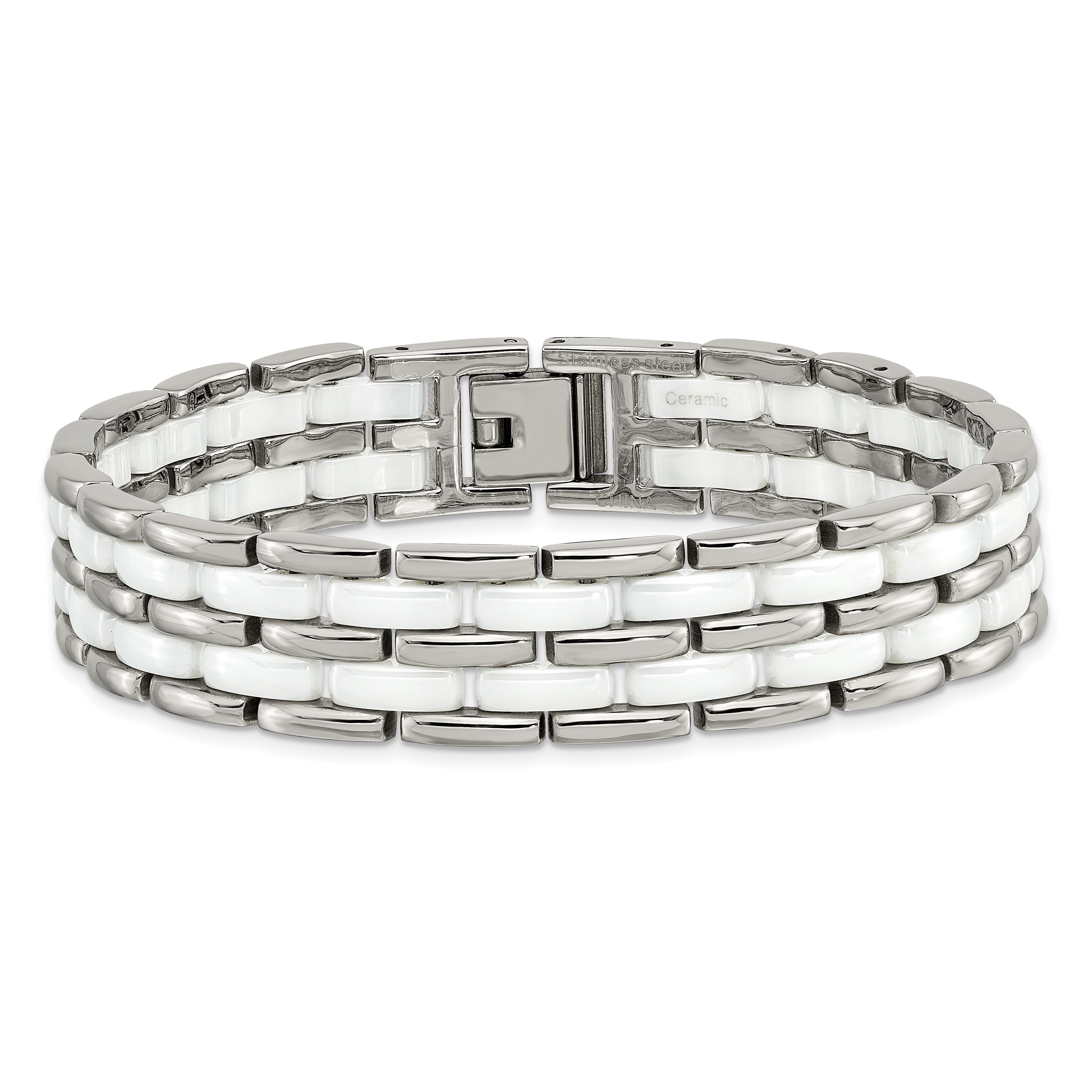 Chisel Stainless Steel Polished with Double Row White Ceramic 8.25 inch Link Bracelet