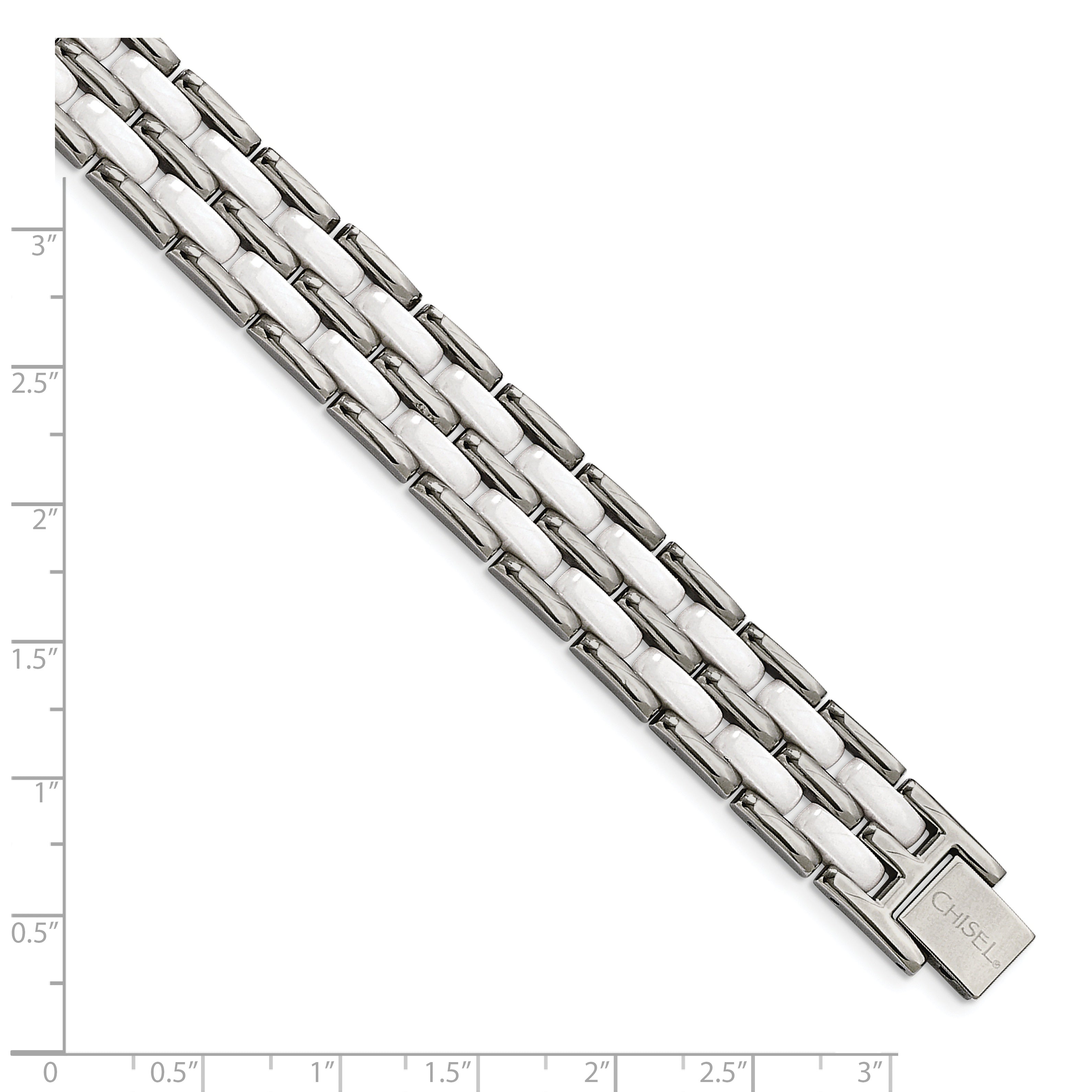 Chisel Stainless Steel Polished with Double Row White Ceramic 8.25 inch Link Bracelet