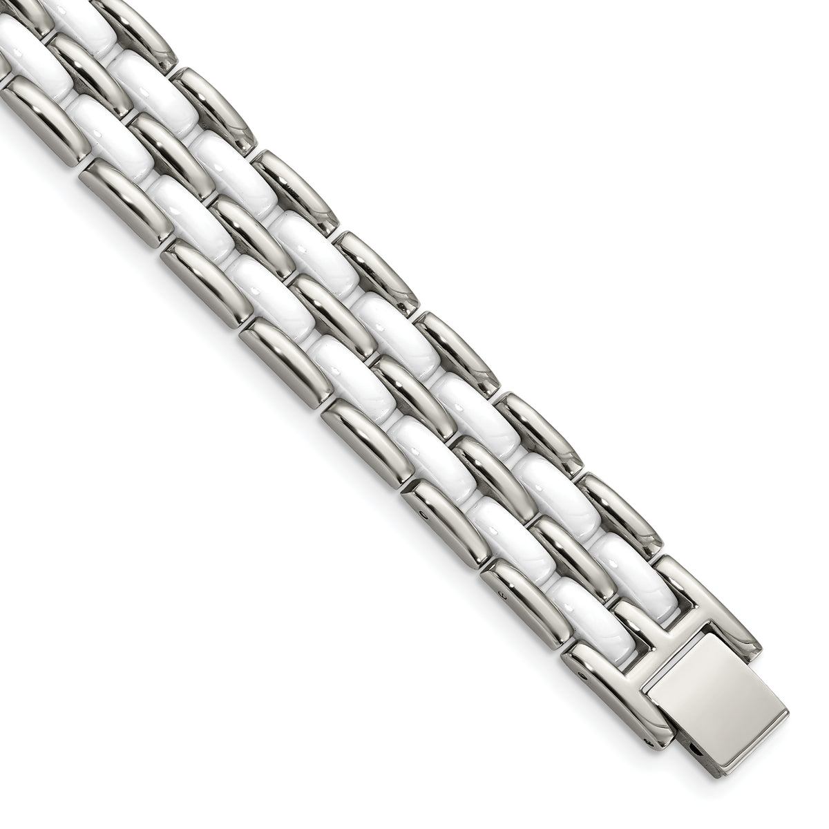 Chisel Stainless Steel Polished with Double Row White Ceramic 8.25 inch Link Bracelet