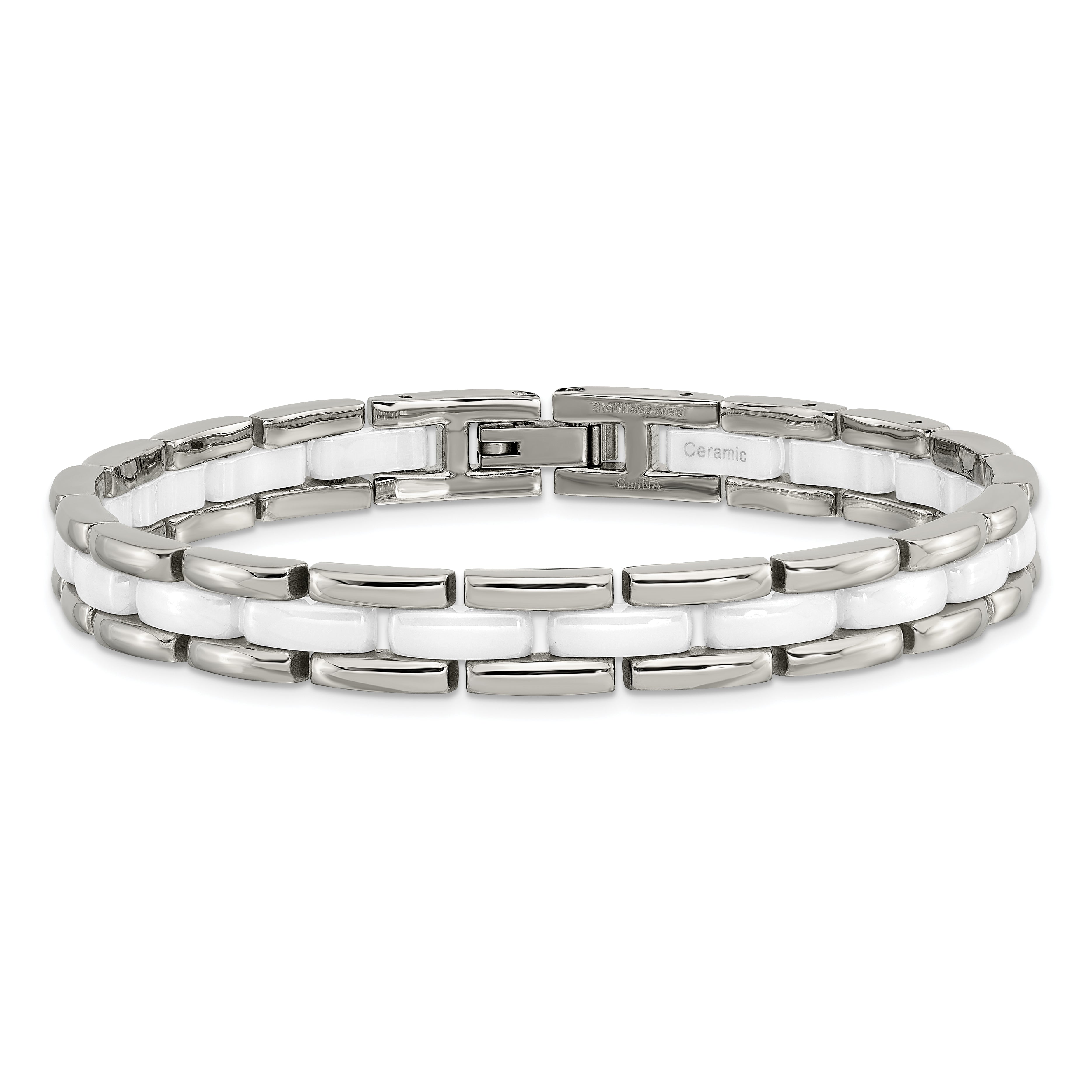 Chisel Stainless Steel Polished with White Ceramic 8 inch Link Bracelet