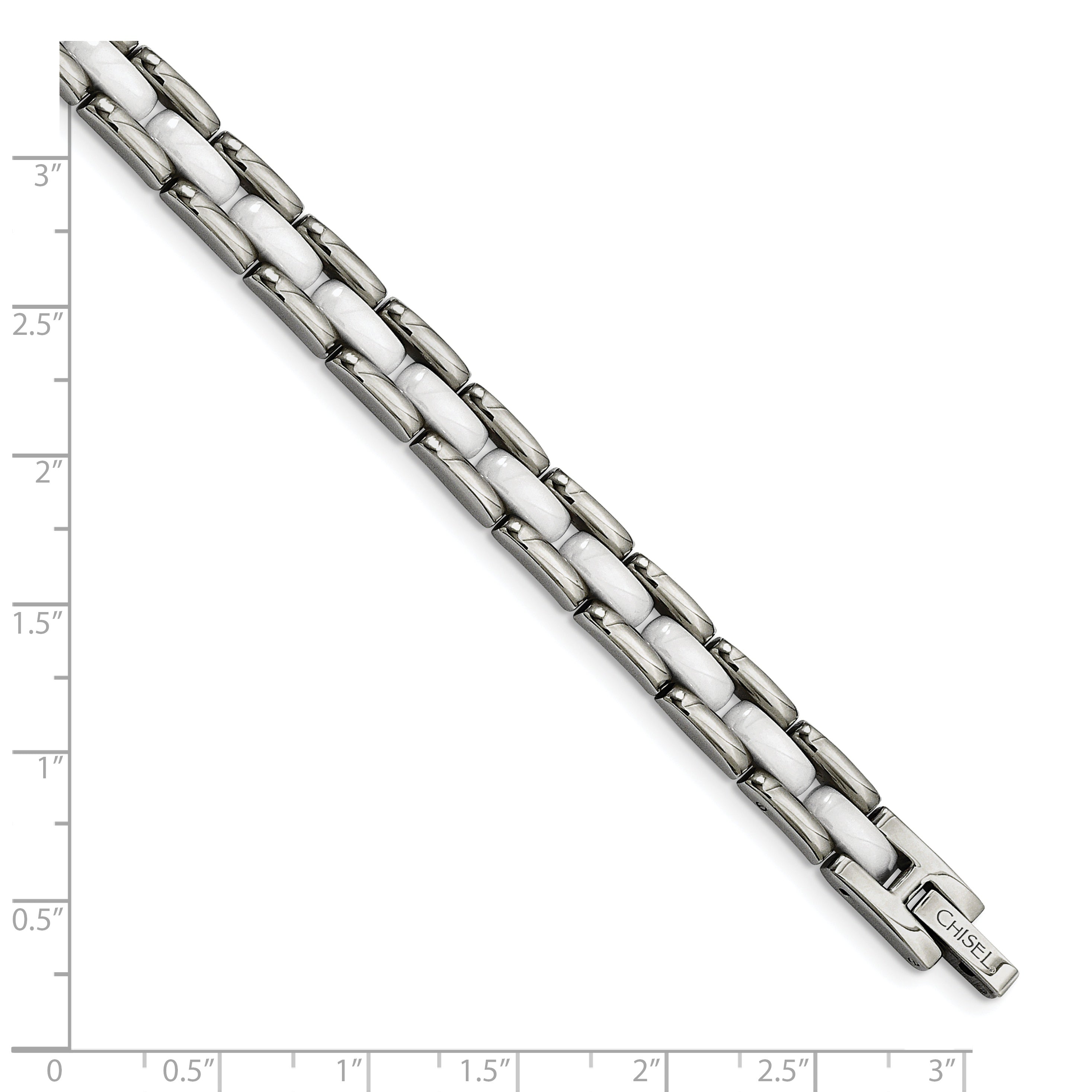 Chisel Stainless Steel Polished with White Ceramic 8 inch Link Bracelet