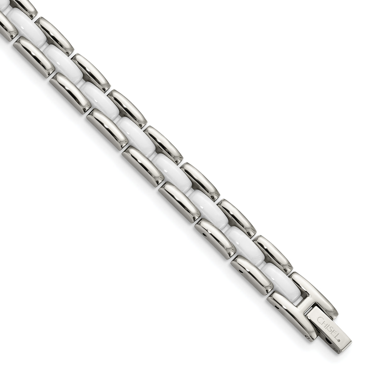 Chisel Stainless Steel Polished with White Ceramic 8 inch Link Bracelet