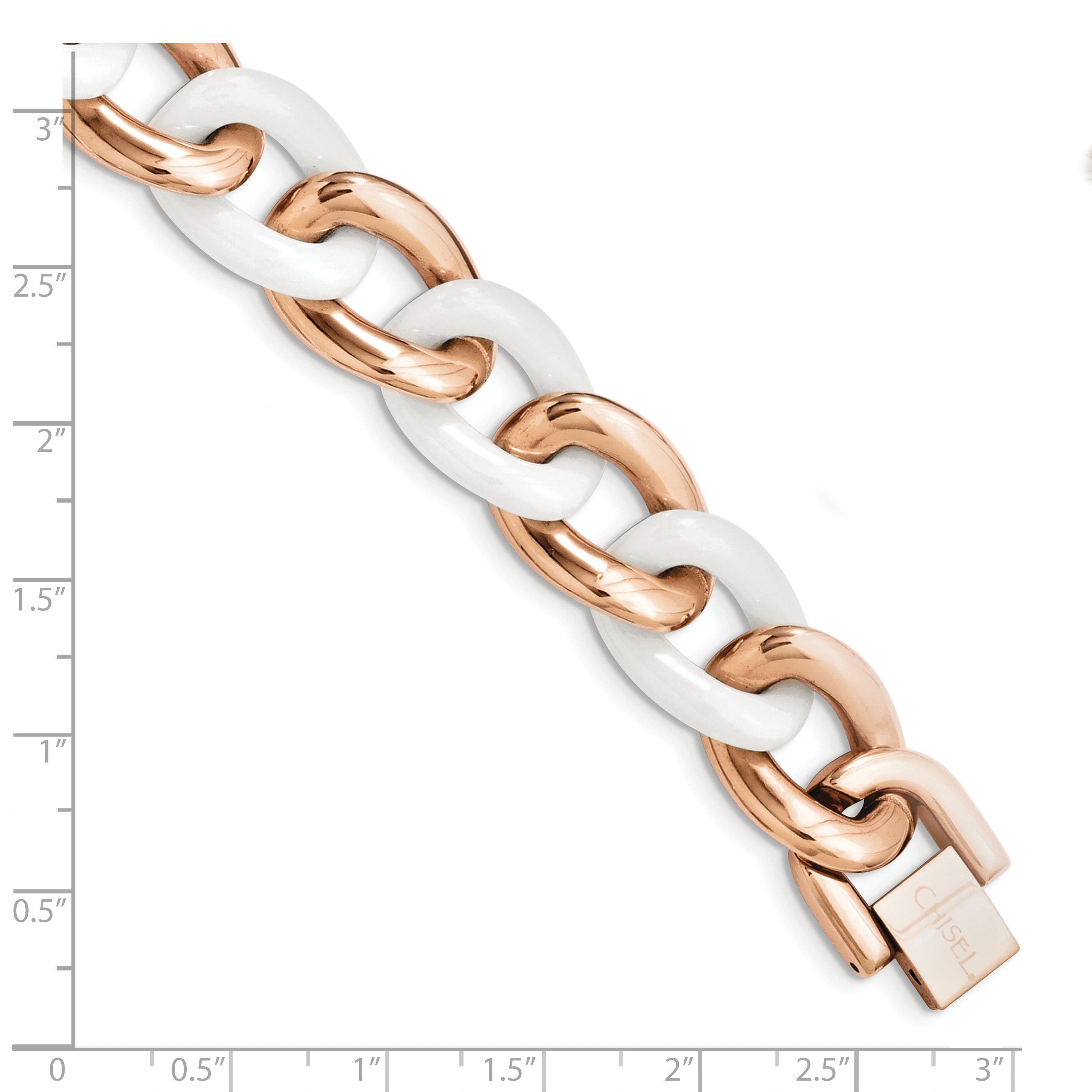 Chisel Stainless Steel Polished Rose IP-plated with White Ceramic 8.25 inch Open Link Bracelet