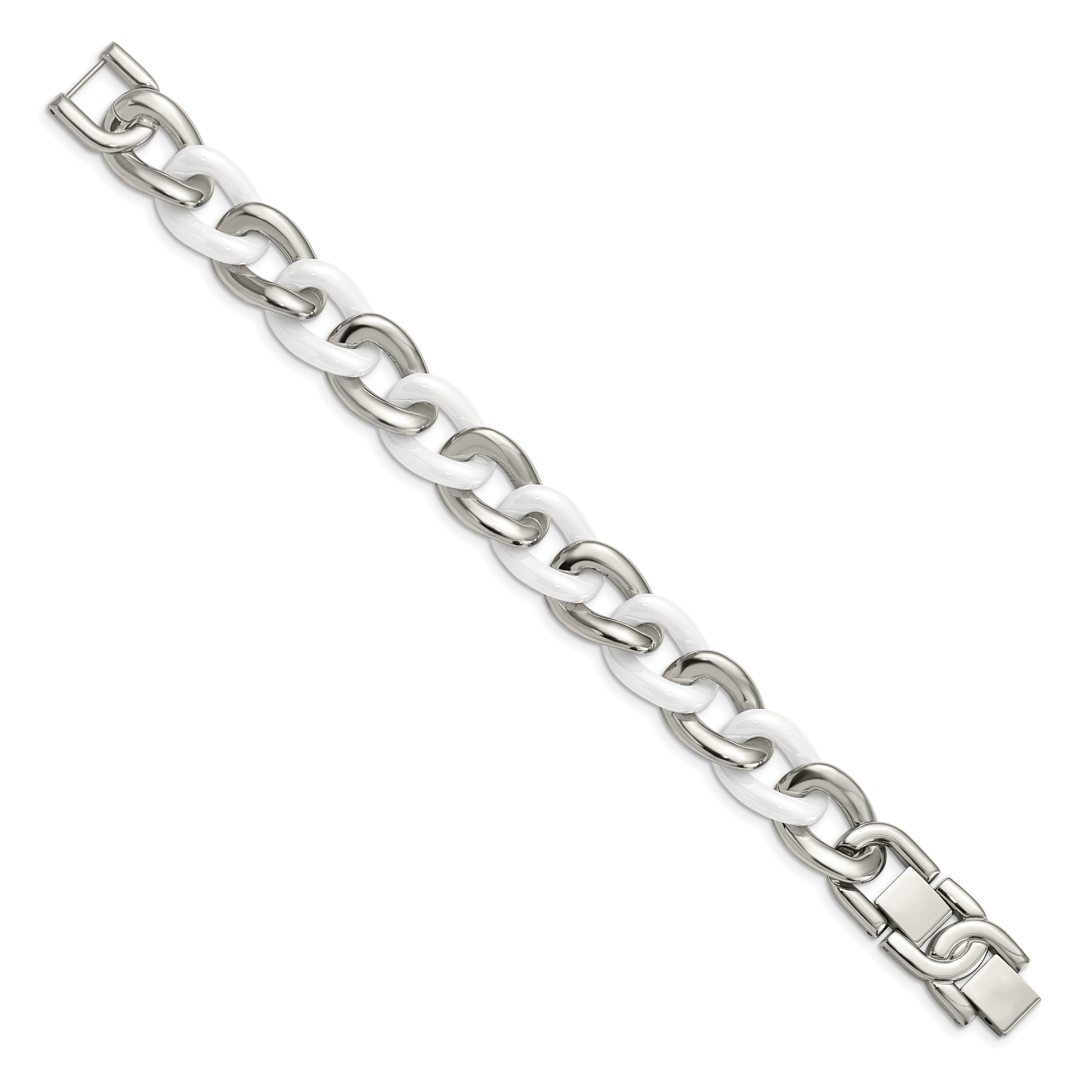 Chisel Stainless Steel Polished with White Ceramic 7.5 inch Curb Link Bracelet with 1 inch Extension