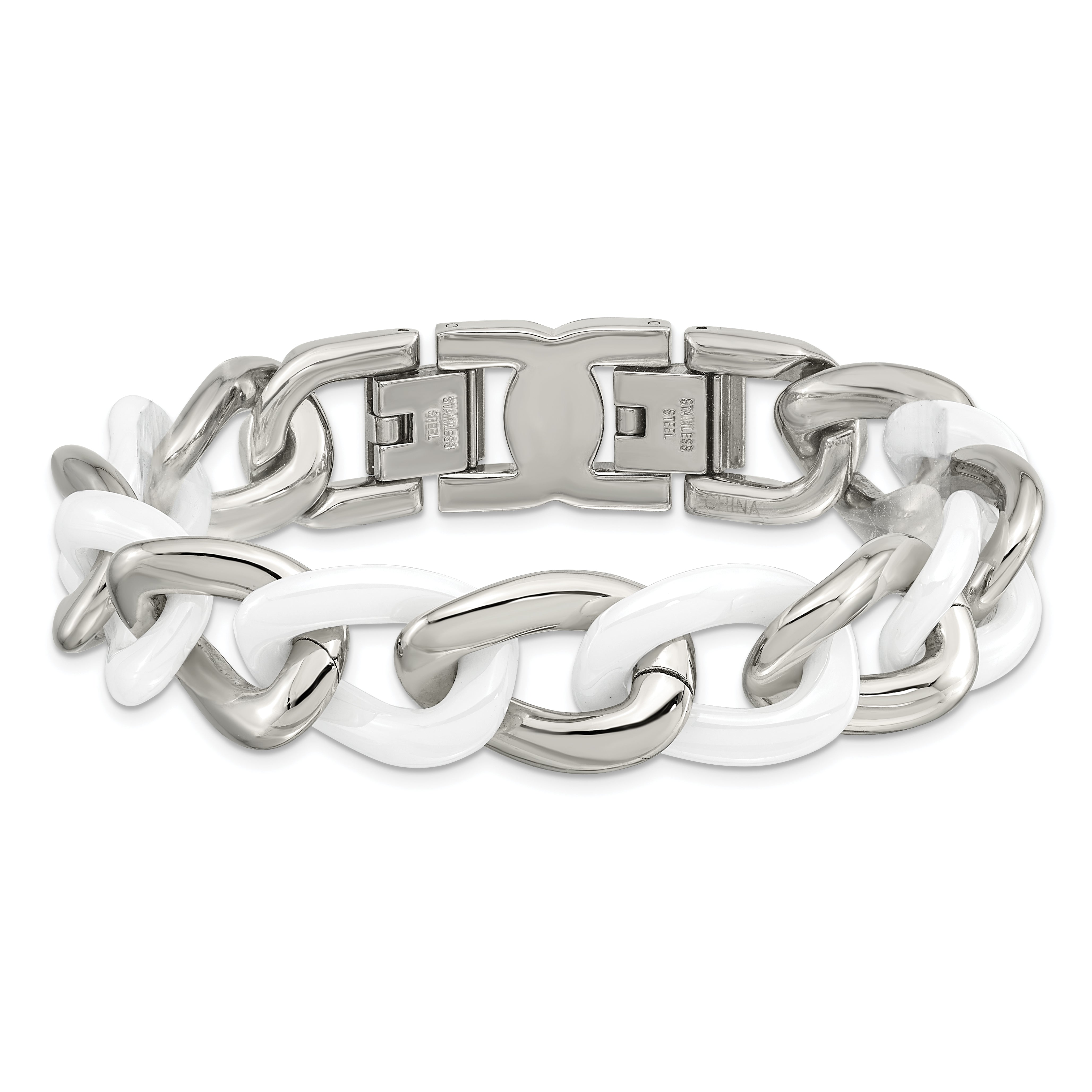 Chisel Stainless Steel Polished with White Ceramic 7.5 inch Curb Link Bracelet with 1 inch Extension