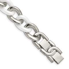 Chisel Stainless Steel Polished with White Ceramic 7.5 inch Curb Link Bracelet with 1 inch Extension