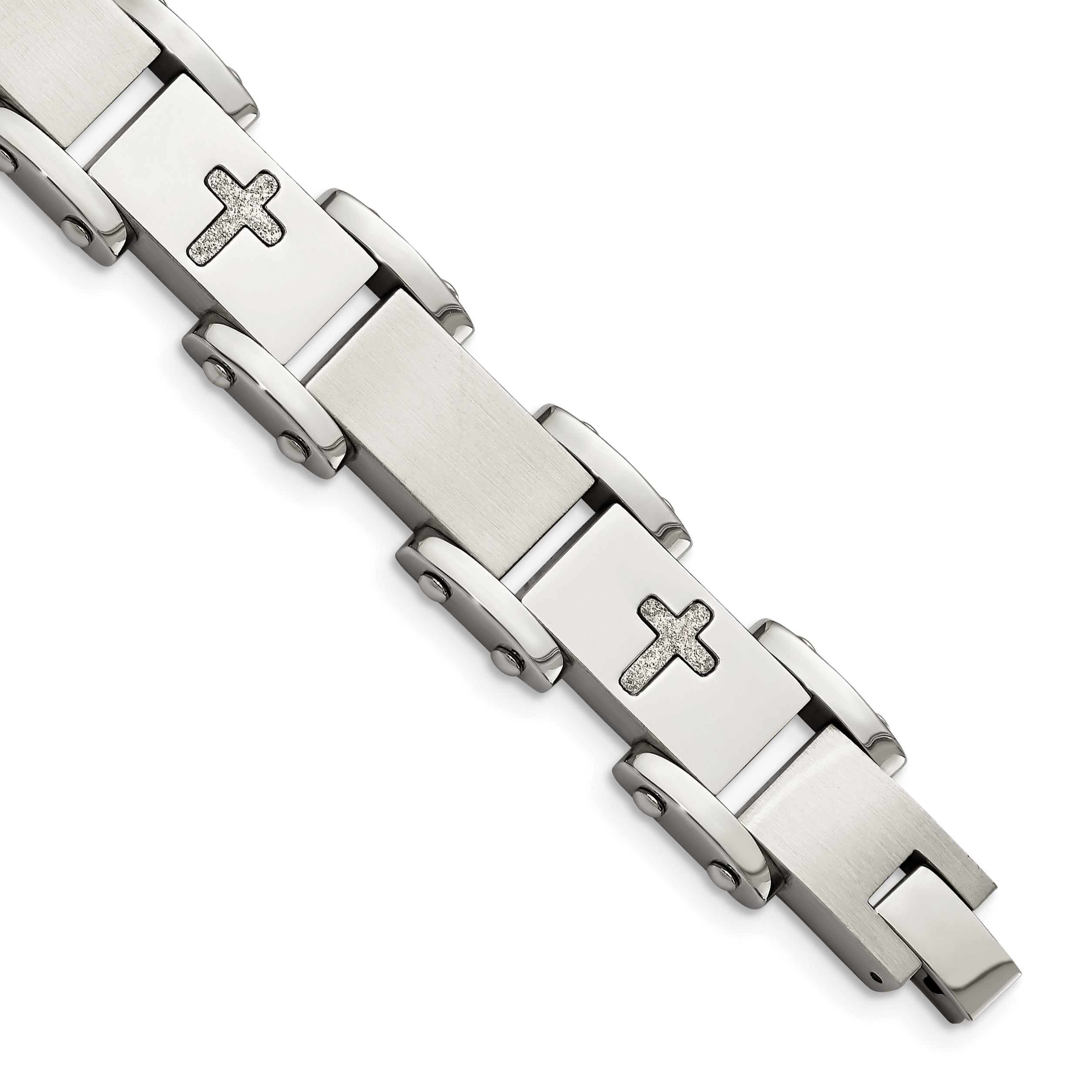 Chisel Stainless Steel Brushed Polished and Laser Cut Crosses 8.75 inch Link Bracelet