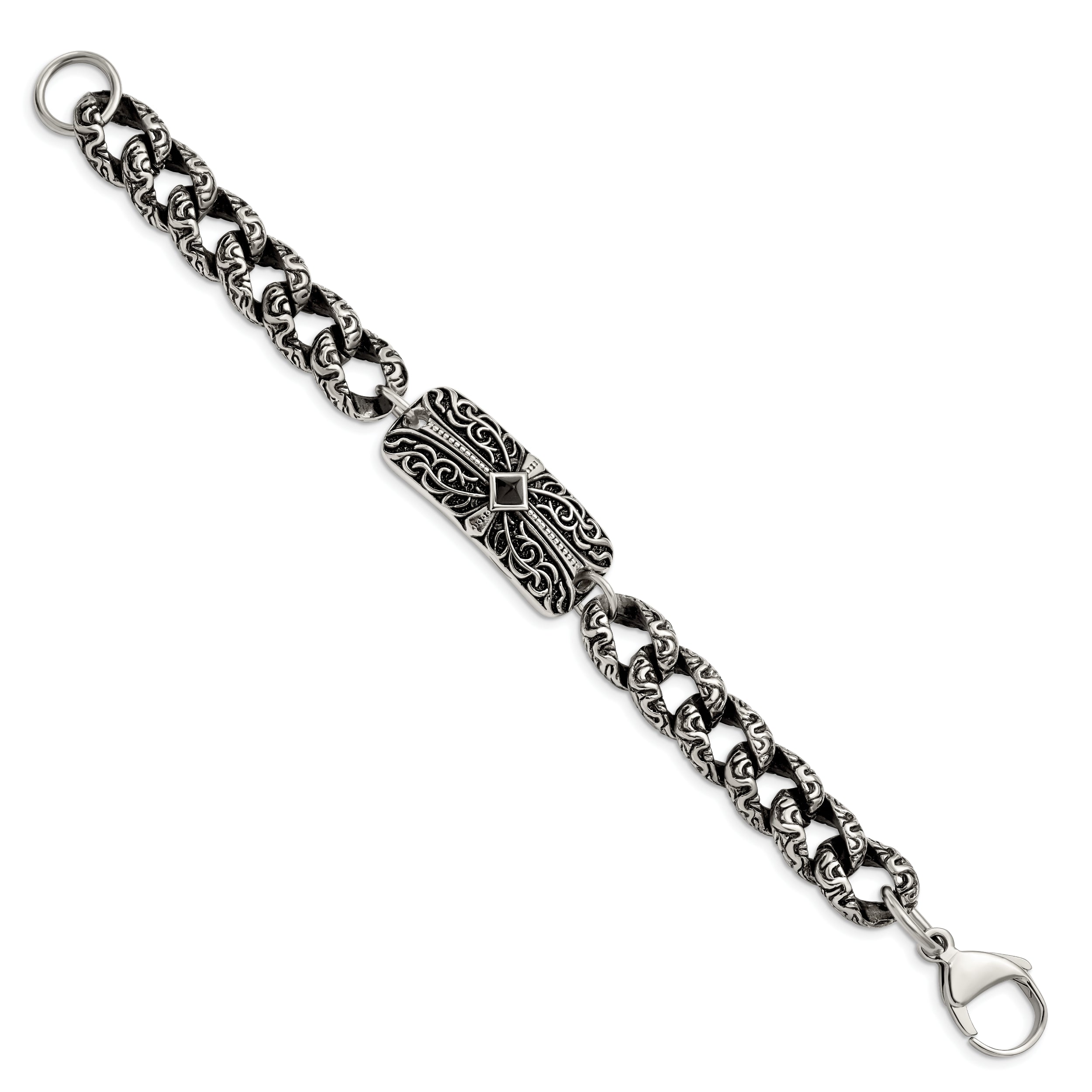 Chisel Stainless Steel Antiqued and Polished with Black Agate 9 inch Fancy Link Cross Bracelet