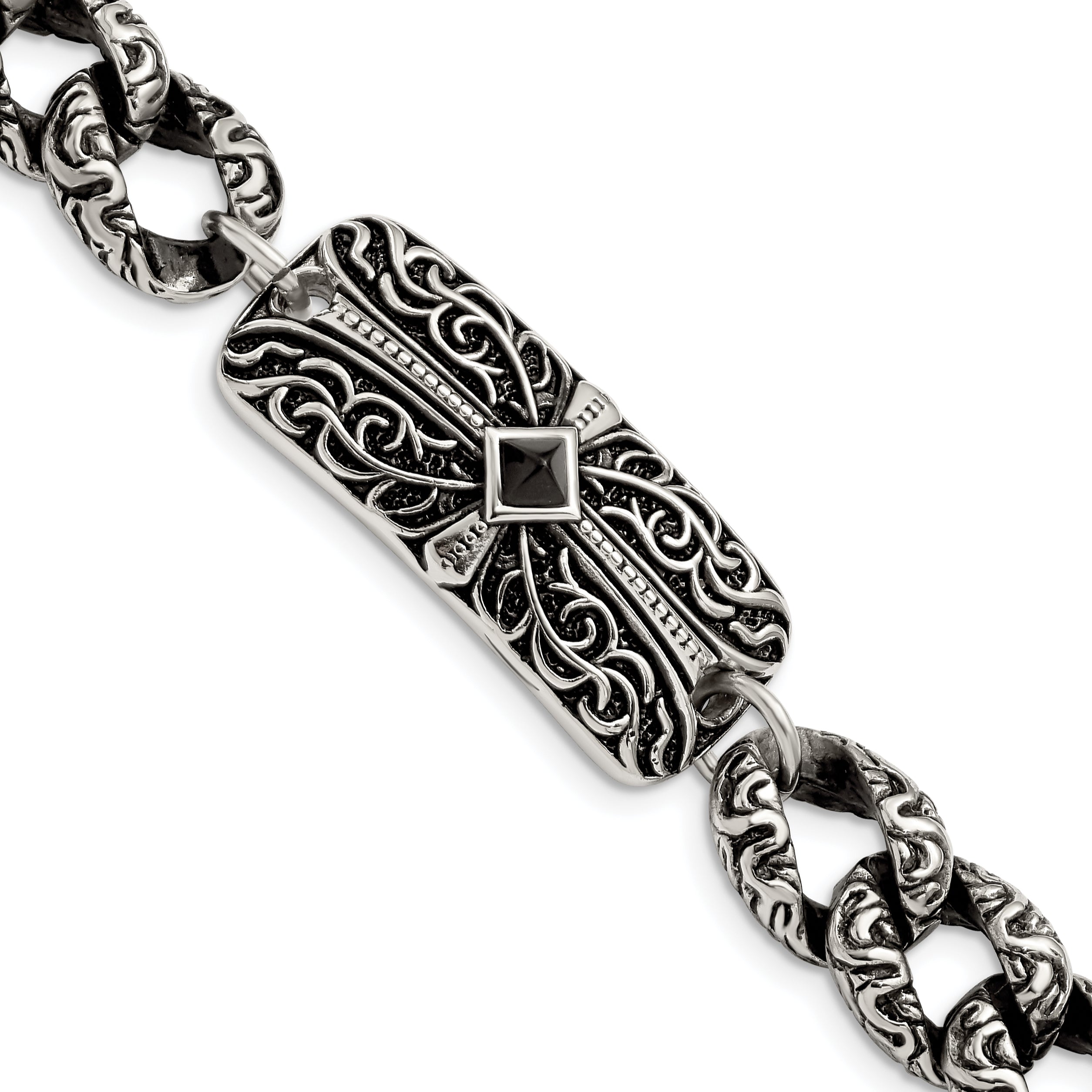 Chisel Stainless Steel Antiqued and Polished with Black Agate 9 inch Fancy Link Cross Bracelet