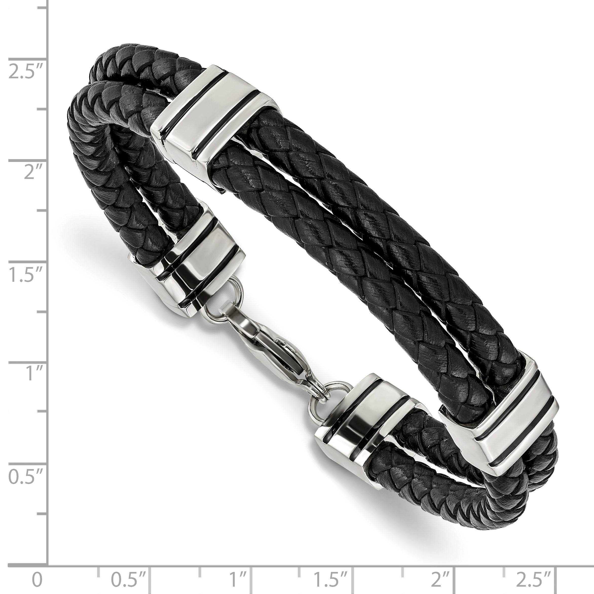 Chisel Stainless Steel Polished Braided 2 Strand Black Braided Leather 9 inch Bracelet