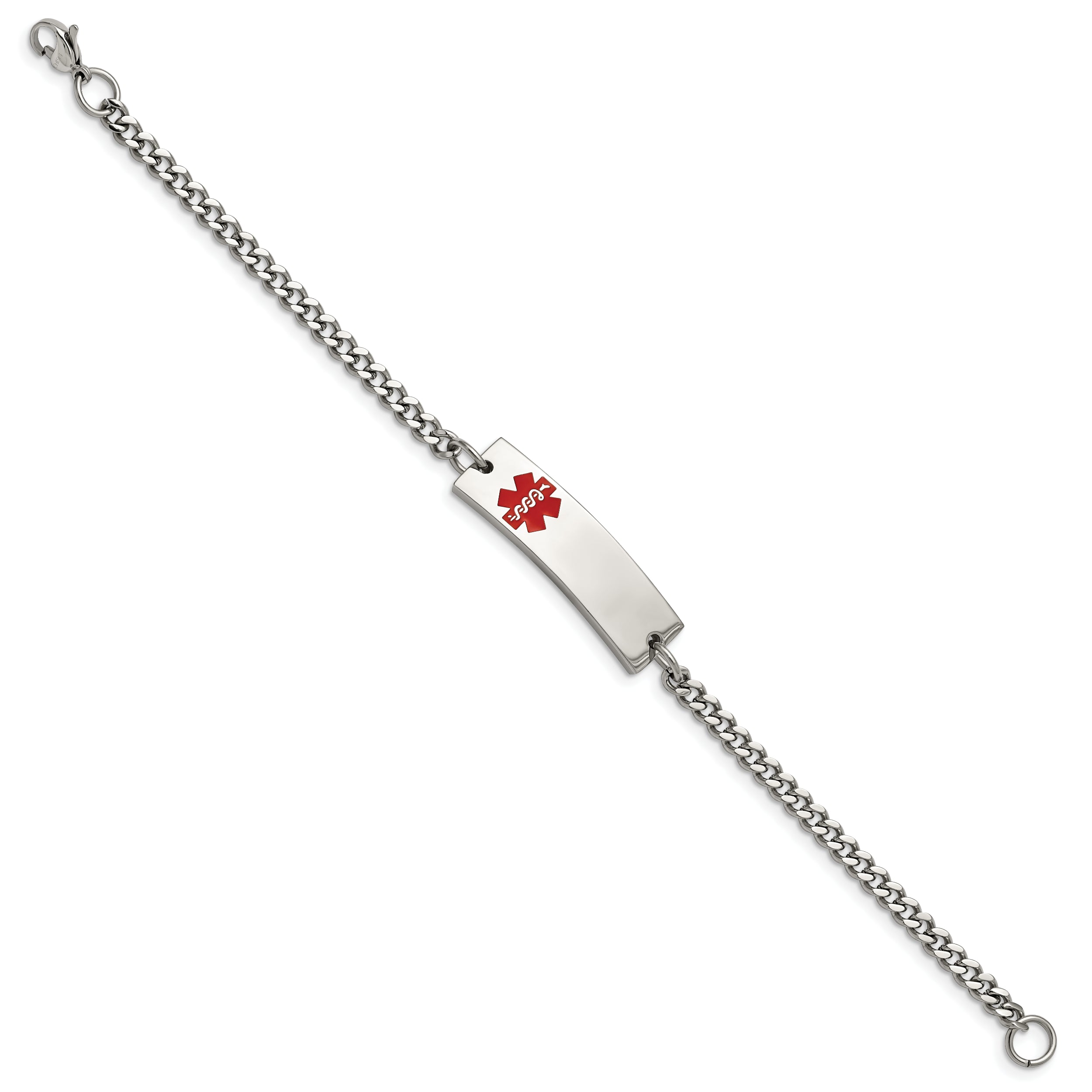 Chisel Stainless Steel Polished with Red Enamel Medical ID 8.75 inch Curb Chain Bracelet