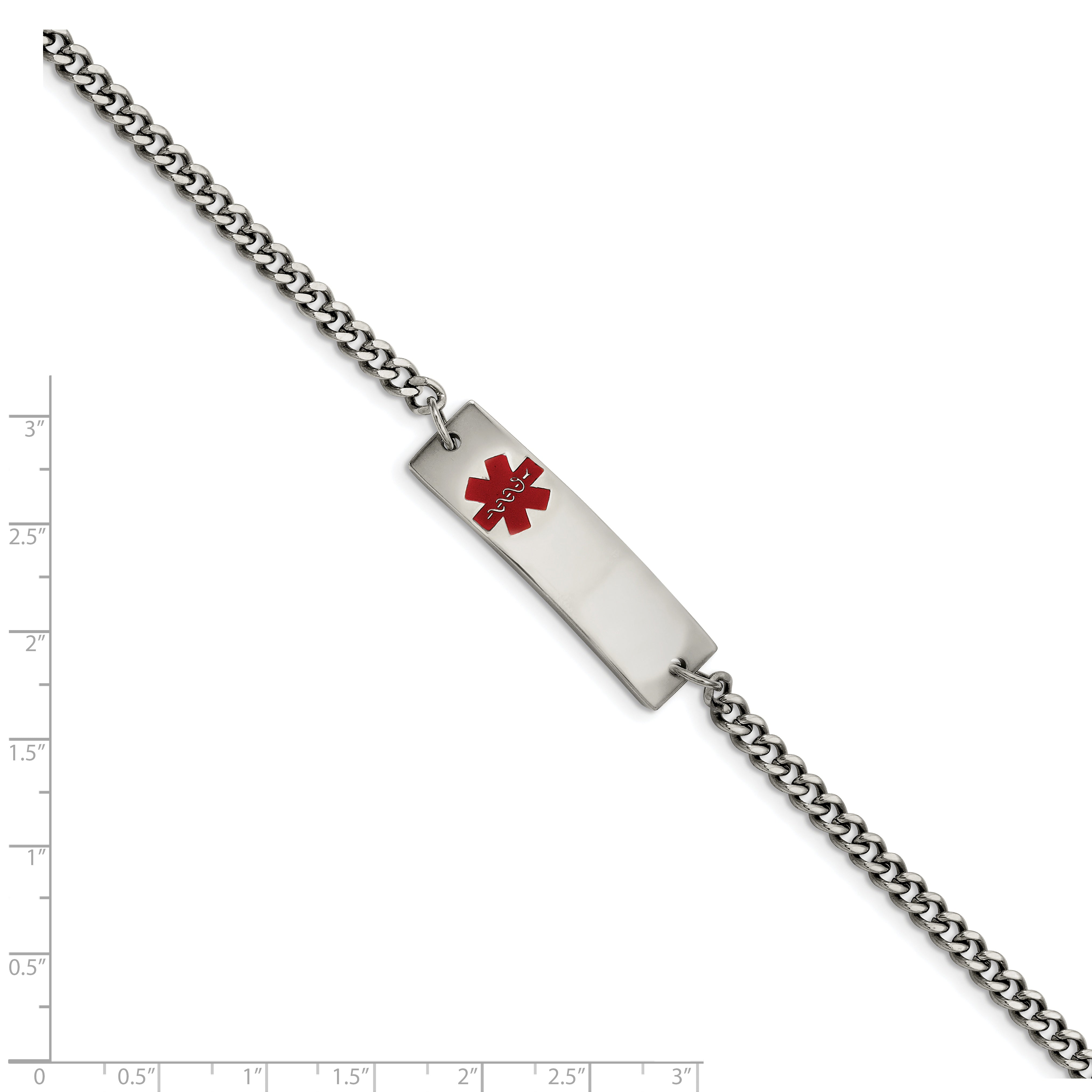 Chisel Stainless Steel Polished with Red Enamel Medical ID 8.75 inch Curb Chain Bracelet