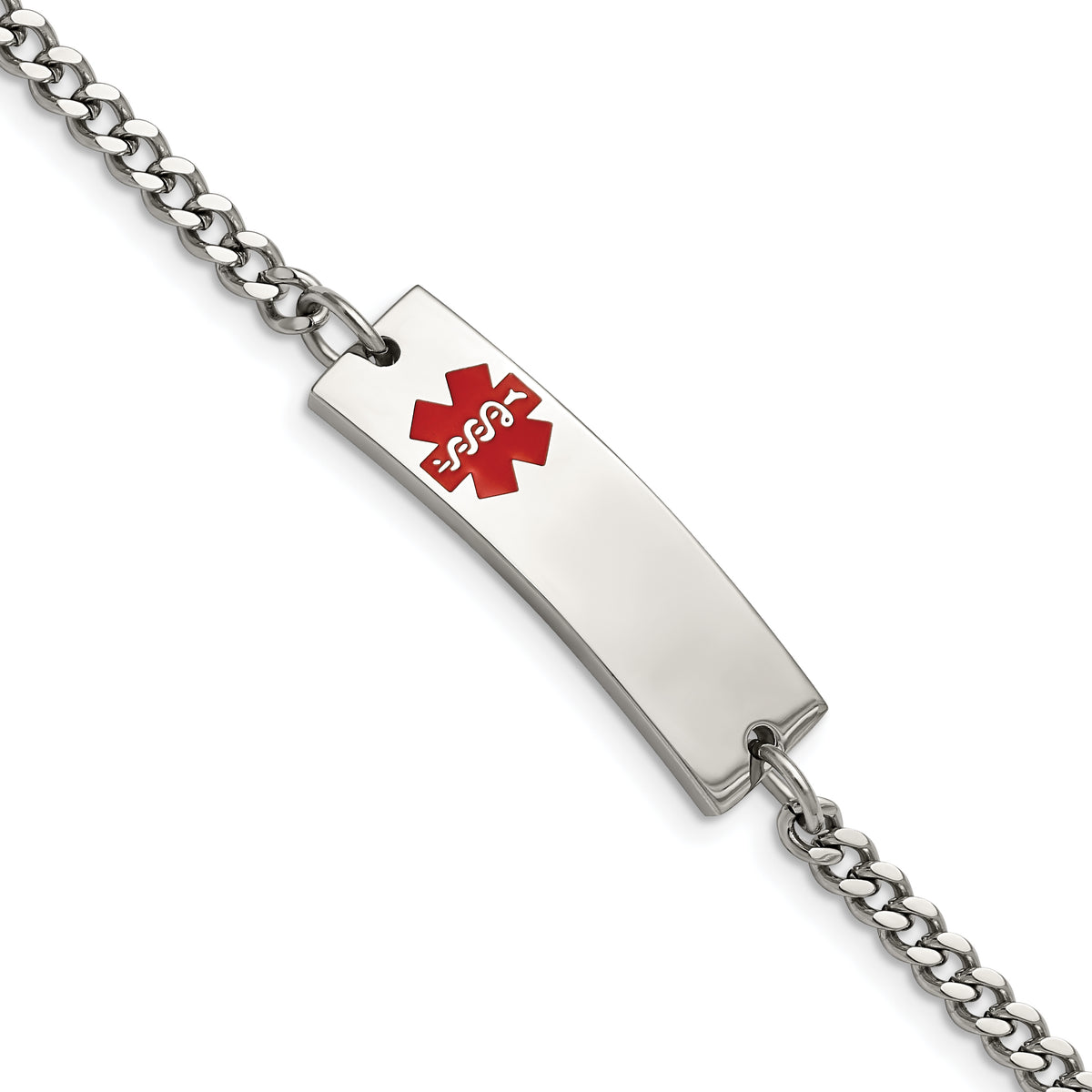 Chisel Stainless Steel Polished with Red Enamel Medical ID 8.75 inch Curb Chain Bracelet