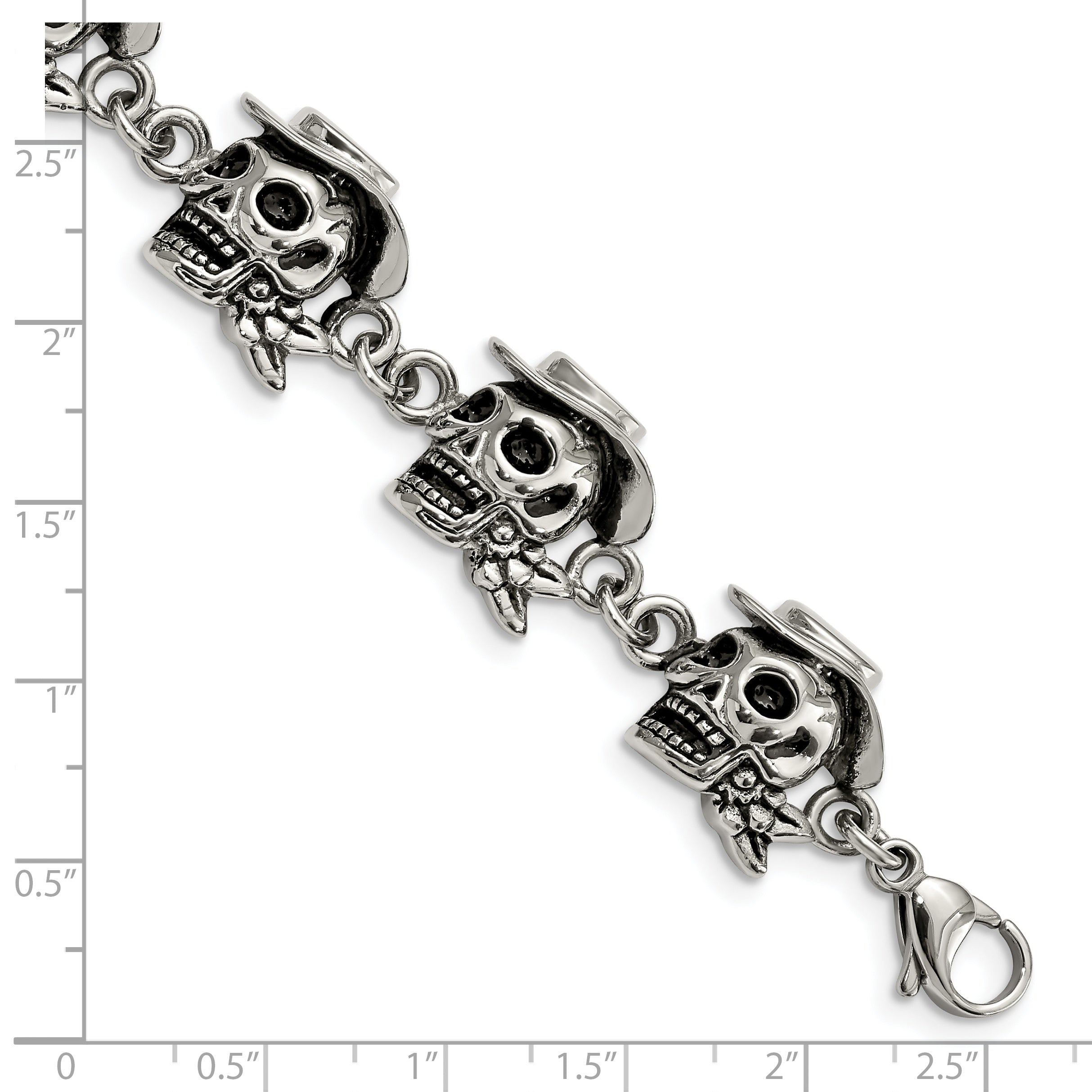 Stainless Steel Antiqued and Polished Pirates Skulls 8.5in Bracelet