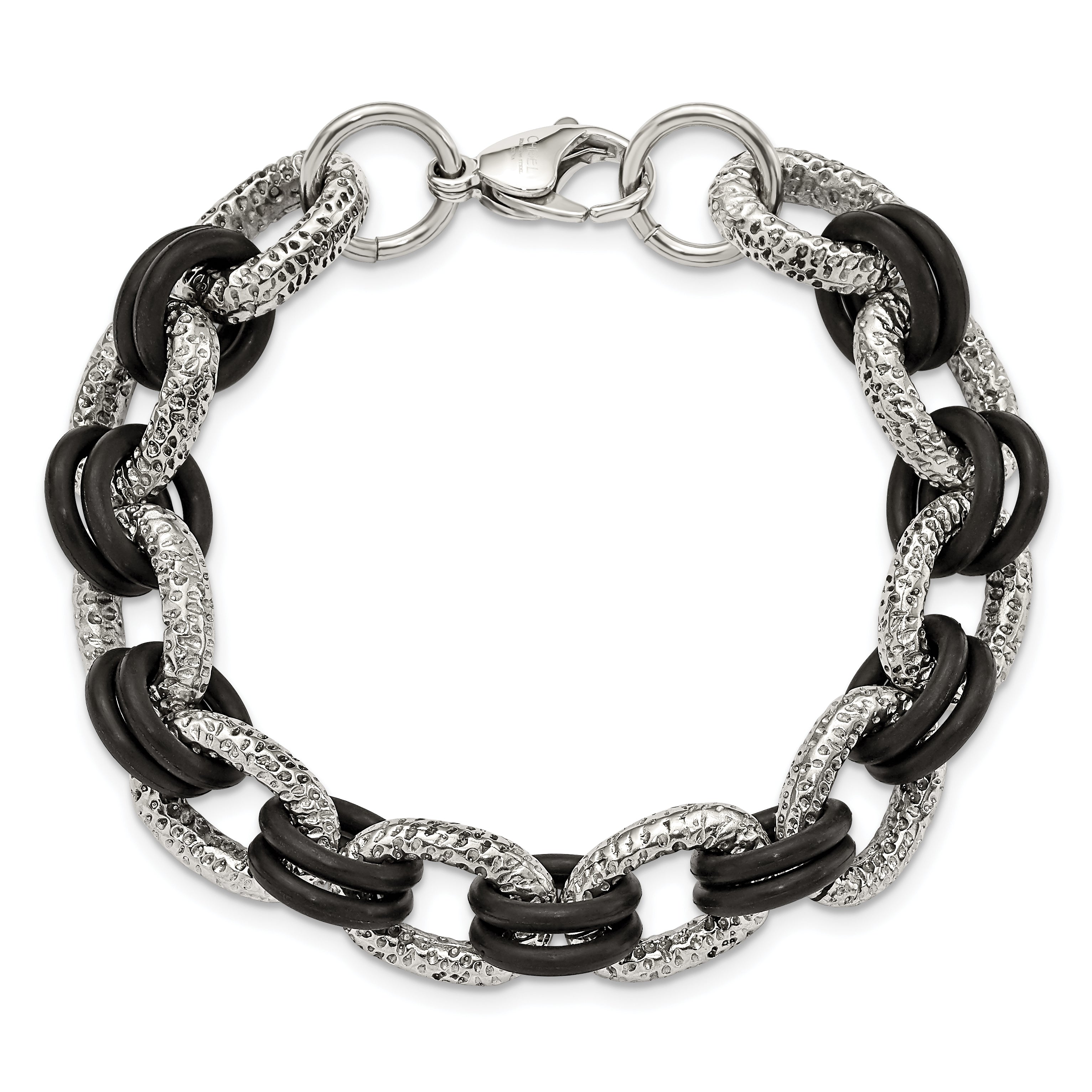 Stainless Steel 9in Polished and Textured with Black Rubber Bracelet