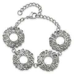 Stainless Steel Polished Fancy Filigree Circles w/1.5in ext Bracelet