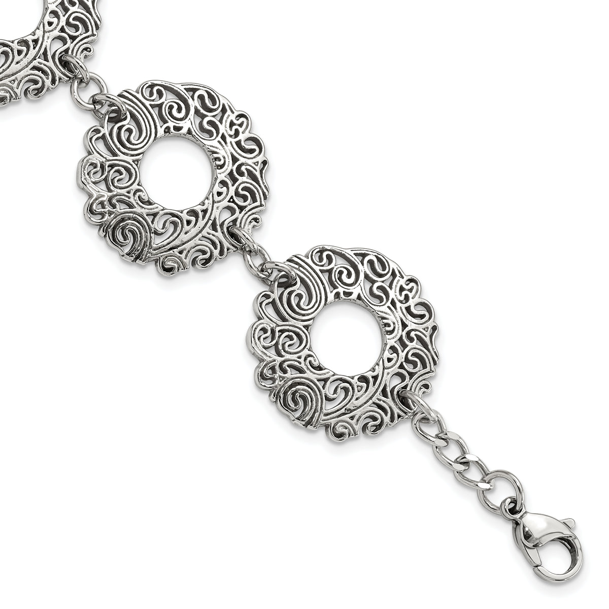 Stainless Steel Polished Fancy Filigree Circles w/1.5in ext Bracelet