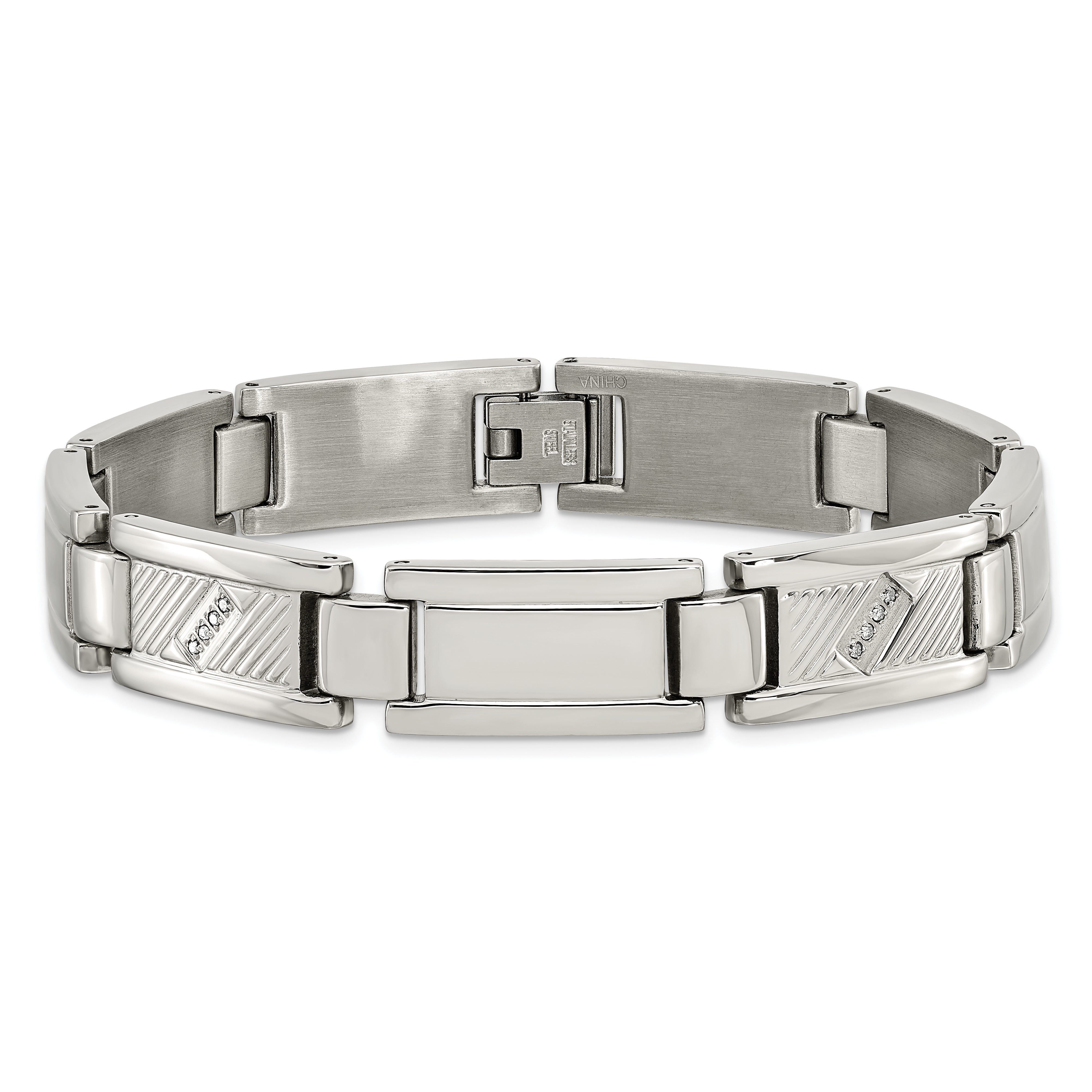 Chisel Stainless Steel Polished and Textured with 1/10 carat Diamond 8.5 inch Bracelet