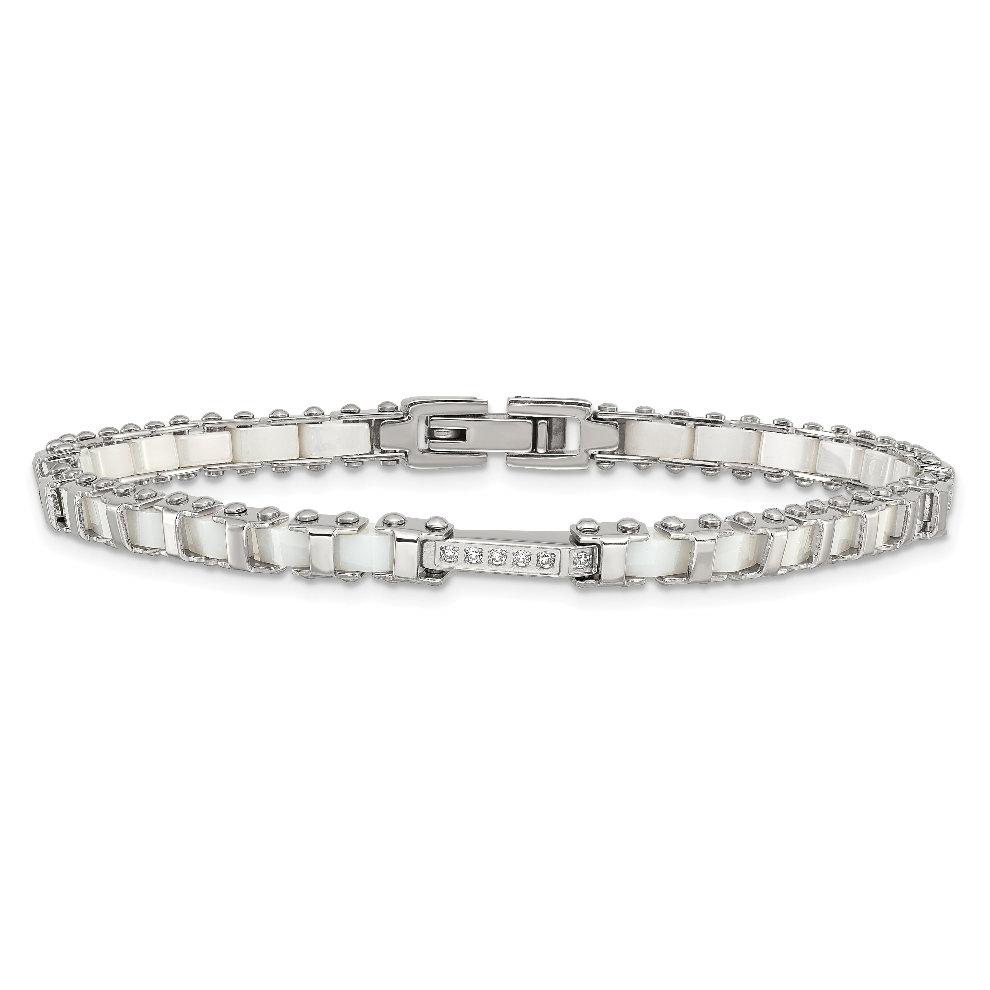 Stainless Steel Polished CZ & White Ceramic Link Bracelet