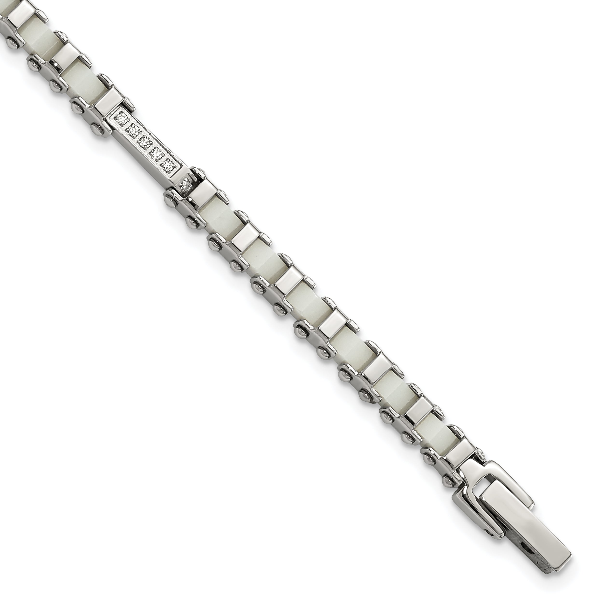 Stainless Steel Polished CZ & White Ceramic Link Bracelet