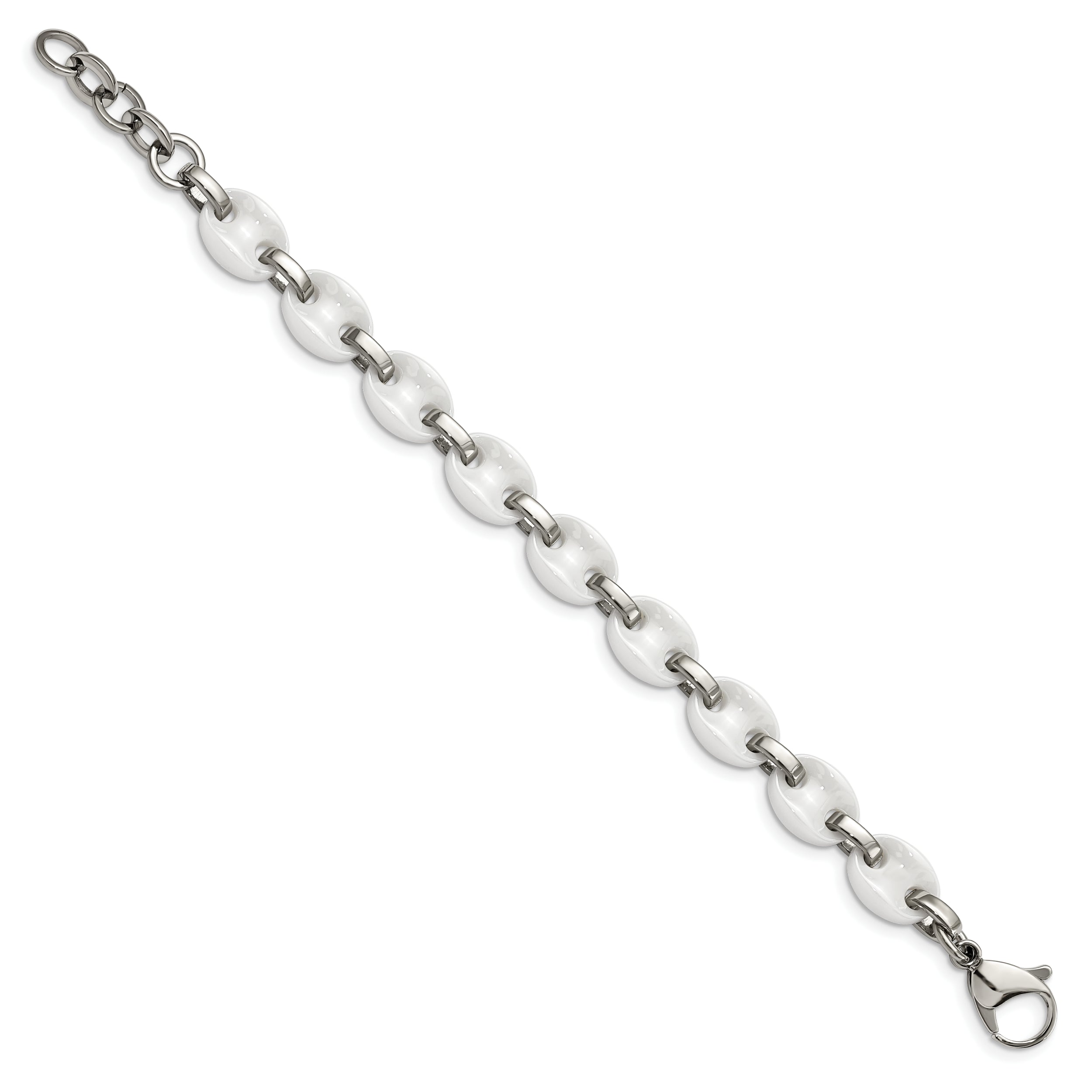 Chisel Stainless Steel Polished with White Ceramic 7 inch Bracelet with 1 inch Extension